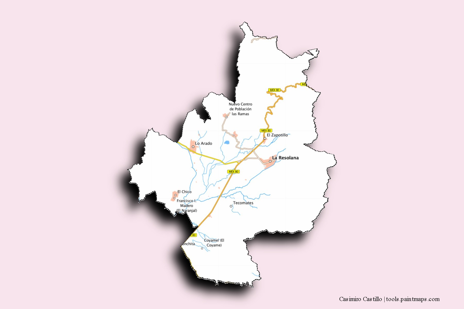 Casimiro Castillo neighborhoods and villages map with 3D shadow effect