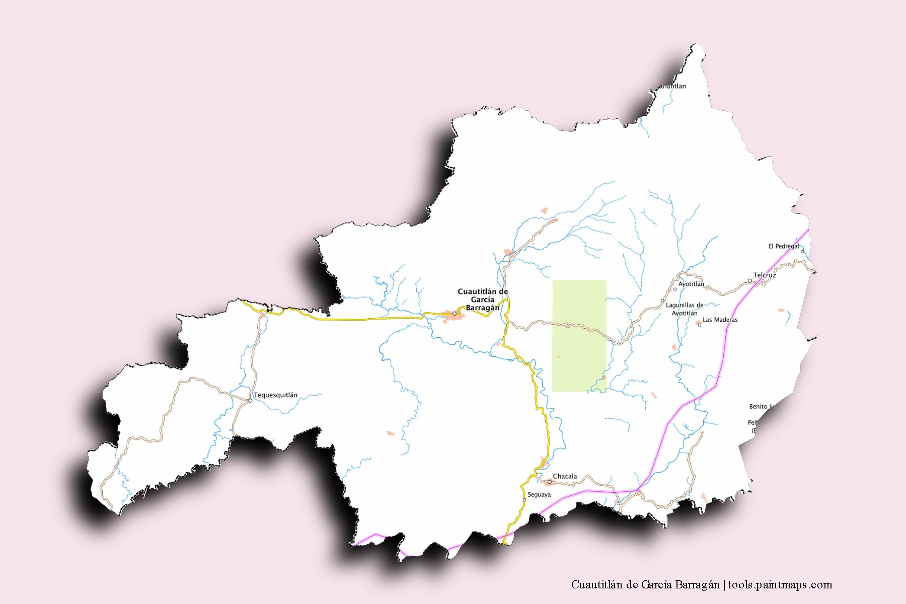 3D gölge efektli Cuautitlán de García Barragán mahalleleri ve köyleri haritası