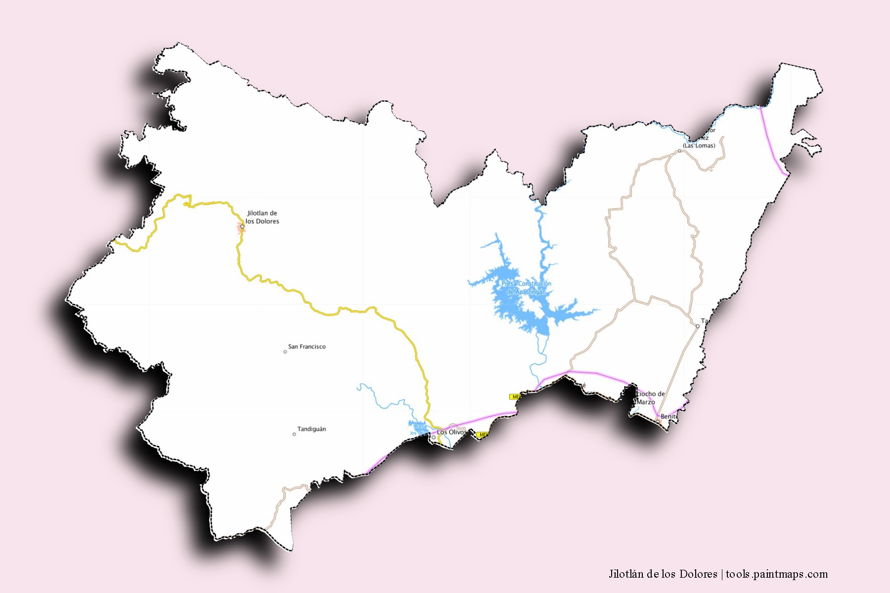 Jilotlán de los Dolores neighborhoods and villages map with 3D shadow effect