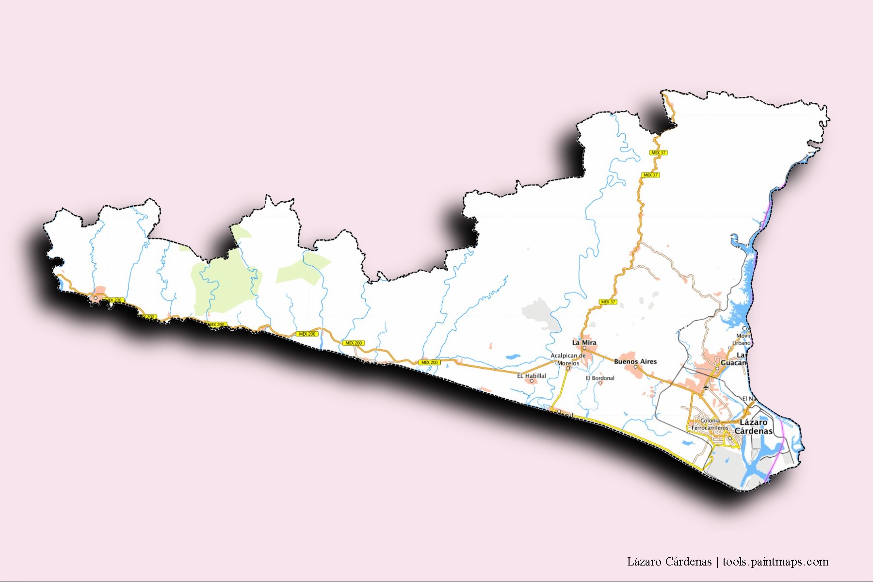 Mapa de barrios y pueblos de Lázaro Cárdenas con efecto de sombra 3D