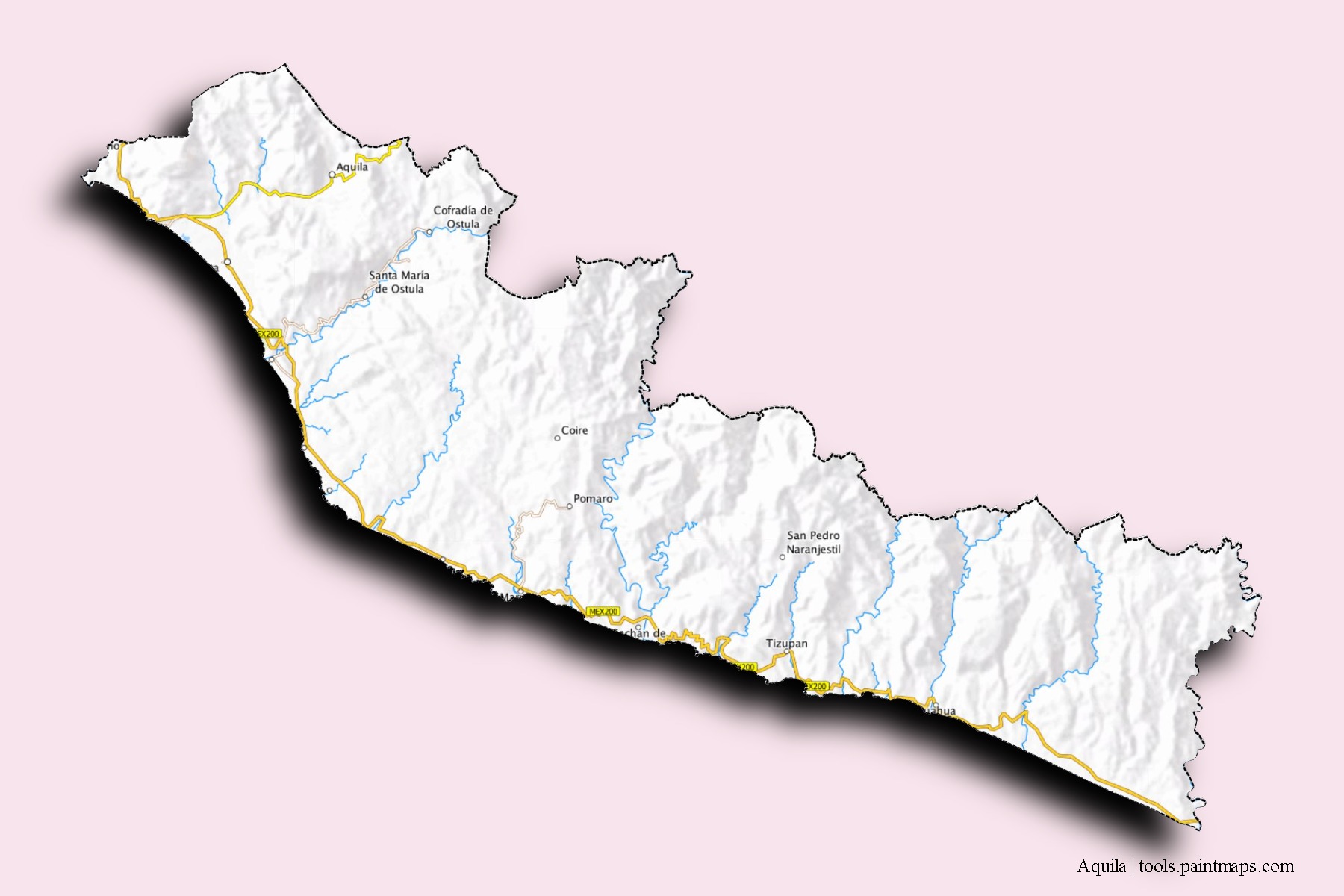 Mapa de barrios y pueblos de Aquila con efecto de sombra 3D