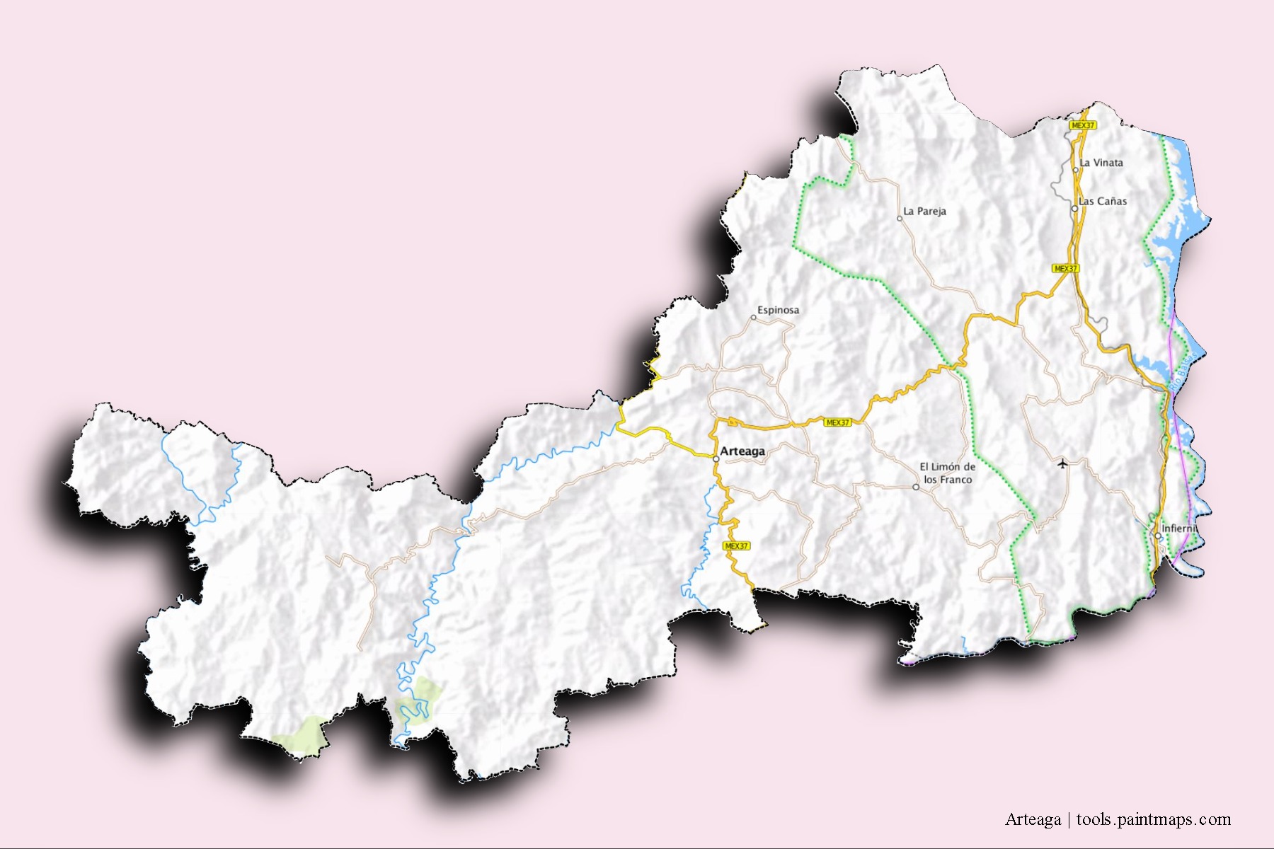 Arteaga neighborhoods and villages map with 3D shadow effect