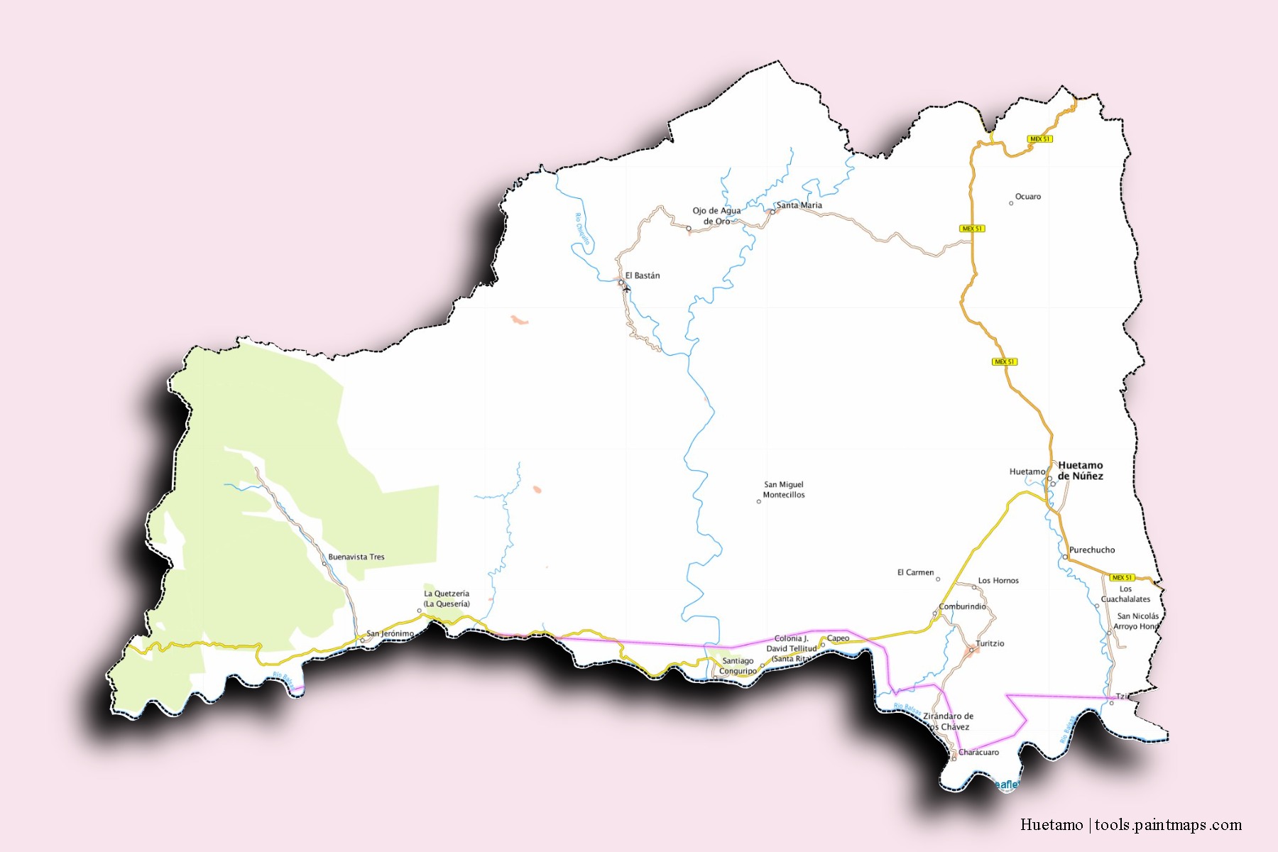 Mapa de barrios y pueblos de Huetamo con efecto de sombra 3D