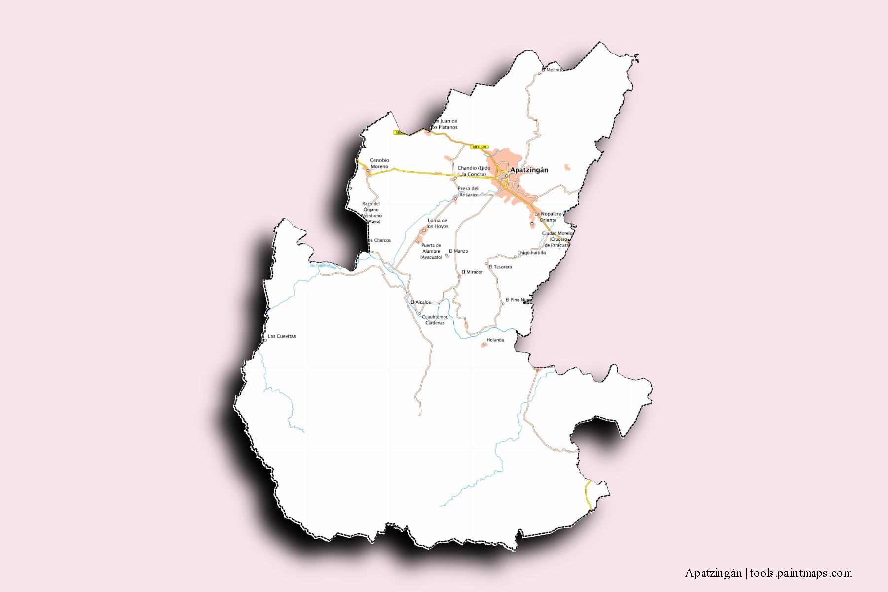 3D gölge efektli Apatzingán mahalleleri ve köyleri haritası