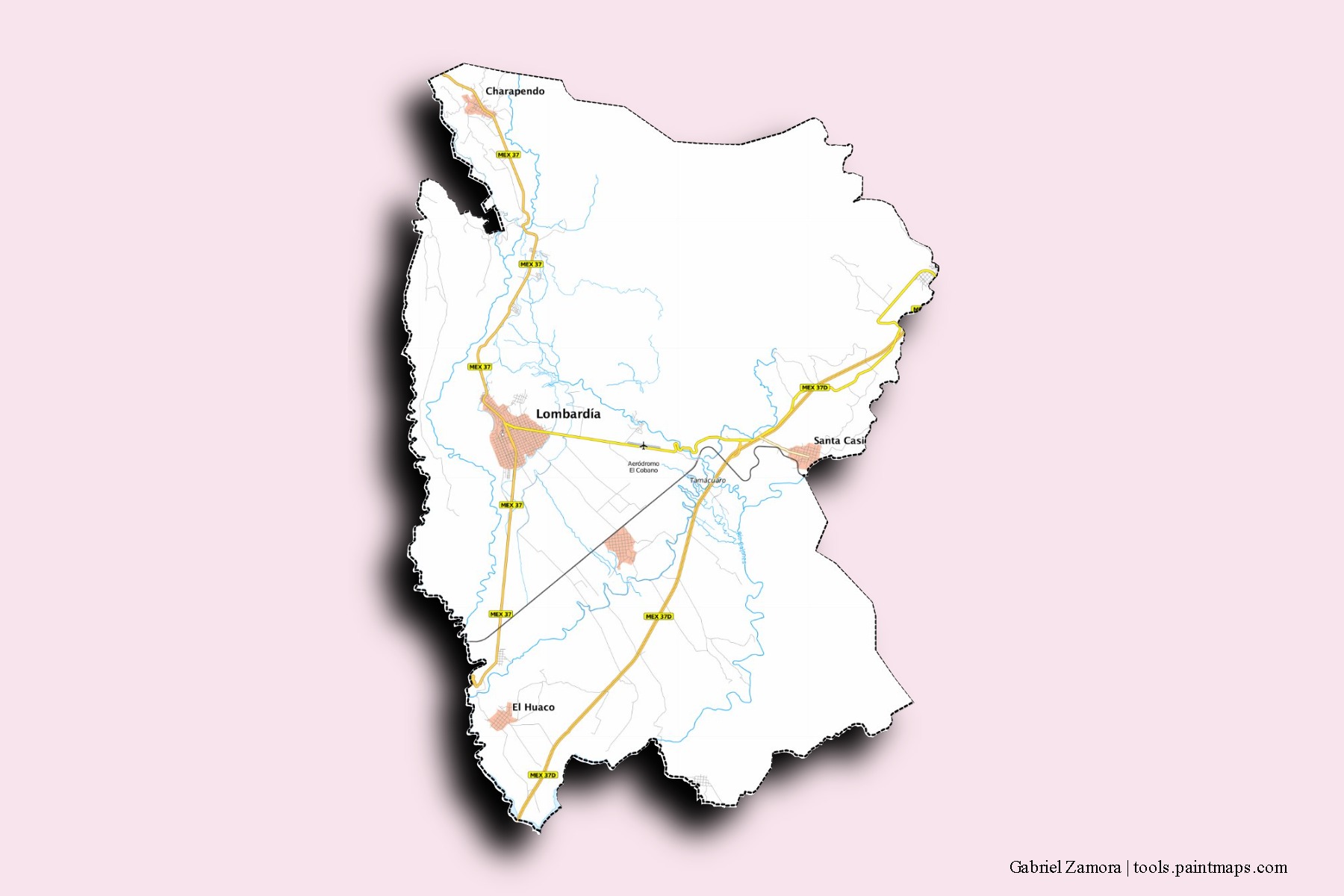 Gabriel Zamora neighborhoods and villages map with 3D shadow effect