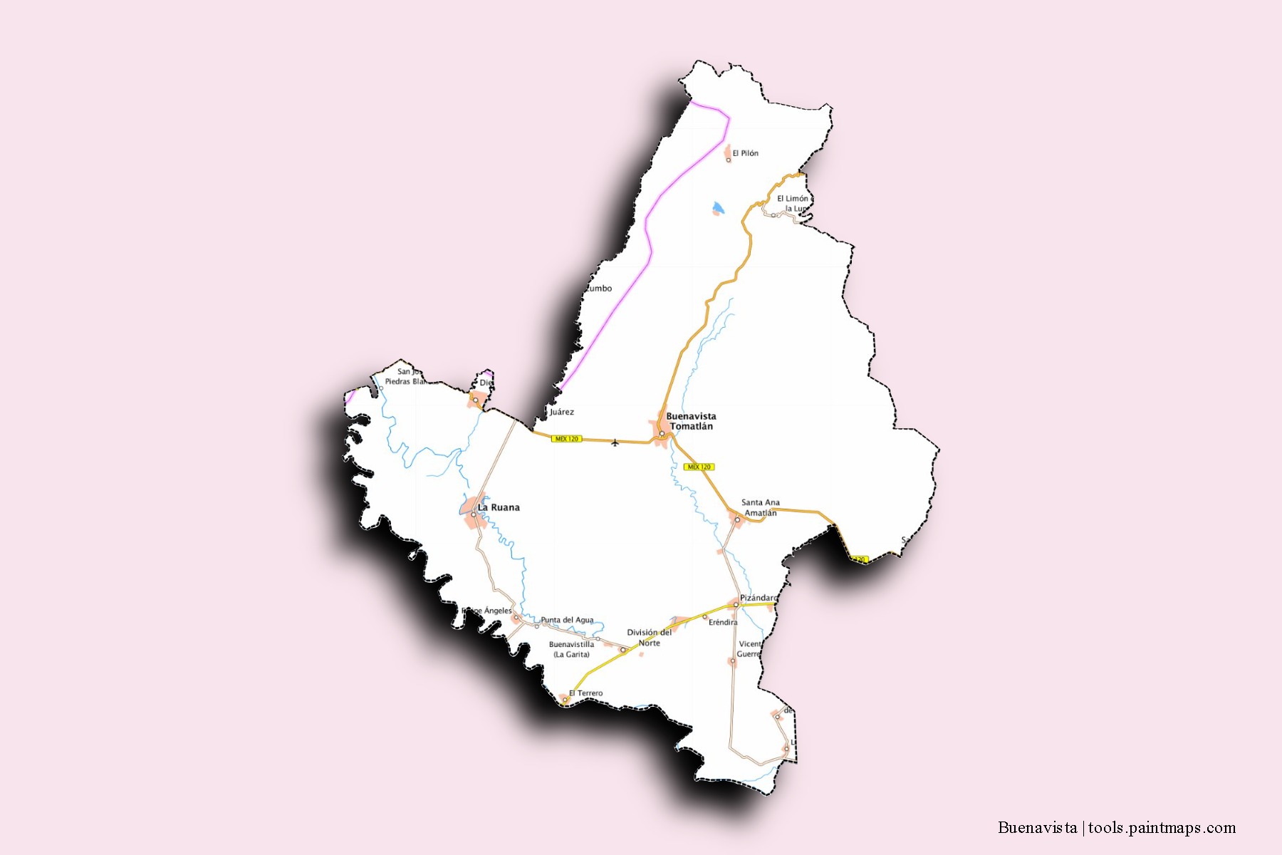 Buenavista neighborhoods and villages map with 3D shadow effect