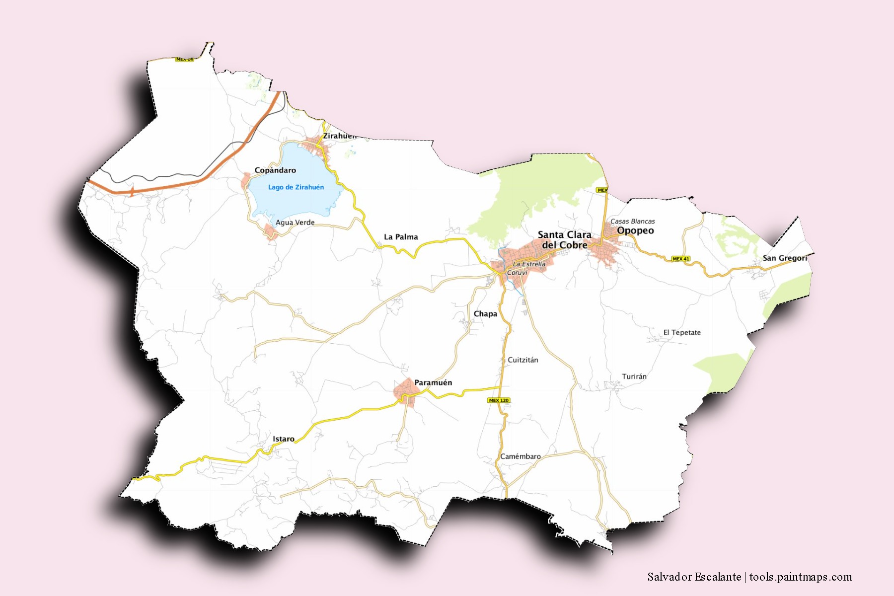 Mapa de barrios y pueblos de Salvador Escalante con efecto de sombra 3D