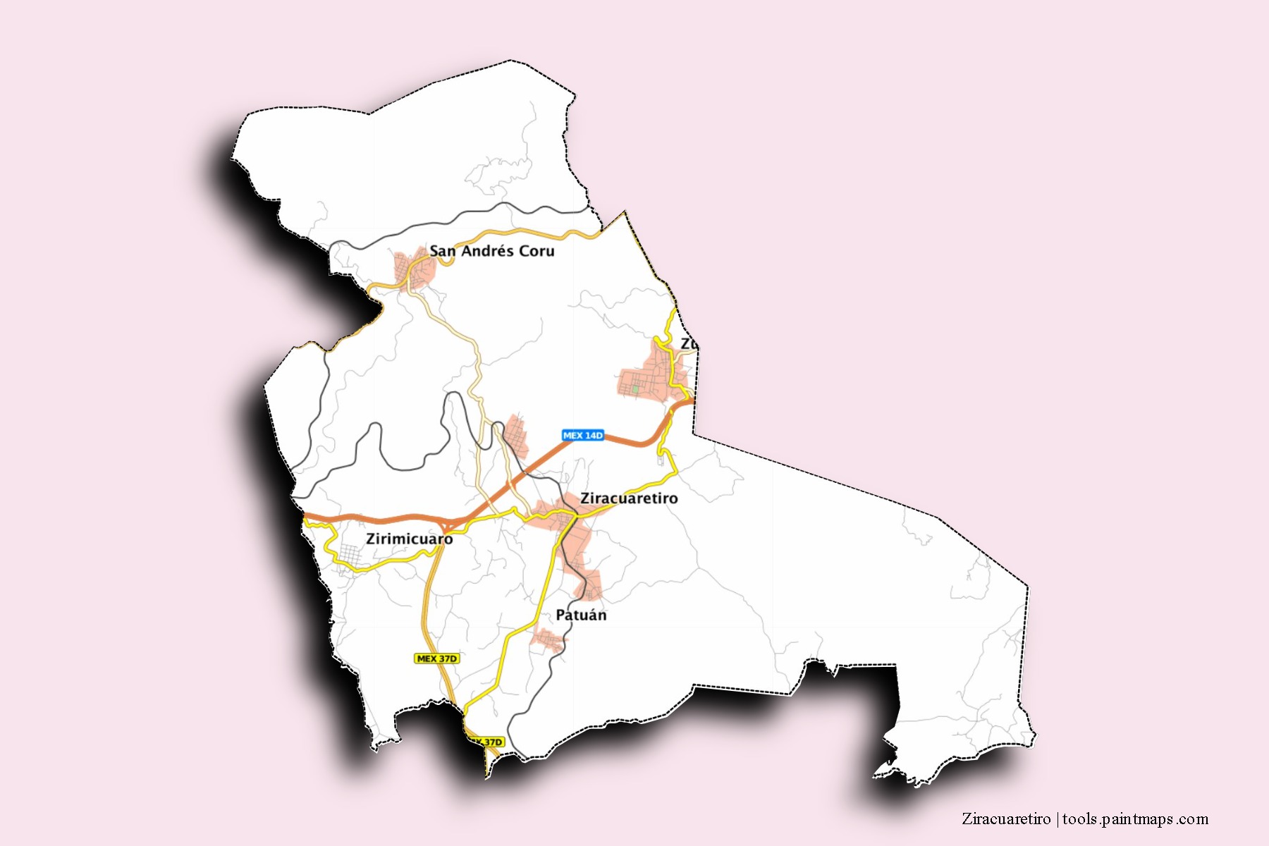 Mapa de barrios y pueblos de Ziracuaretiro con efecto de sombra 3D