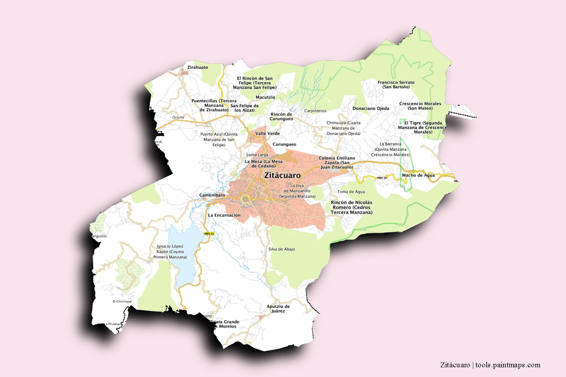 Zitácuaro neighborhoods and villages map with 3D shadow effect