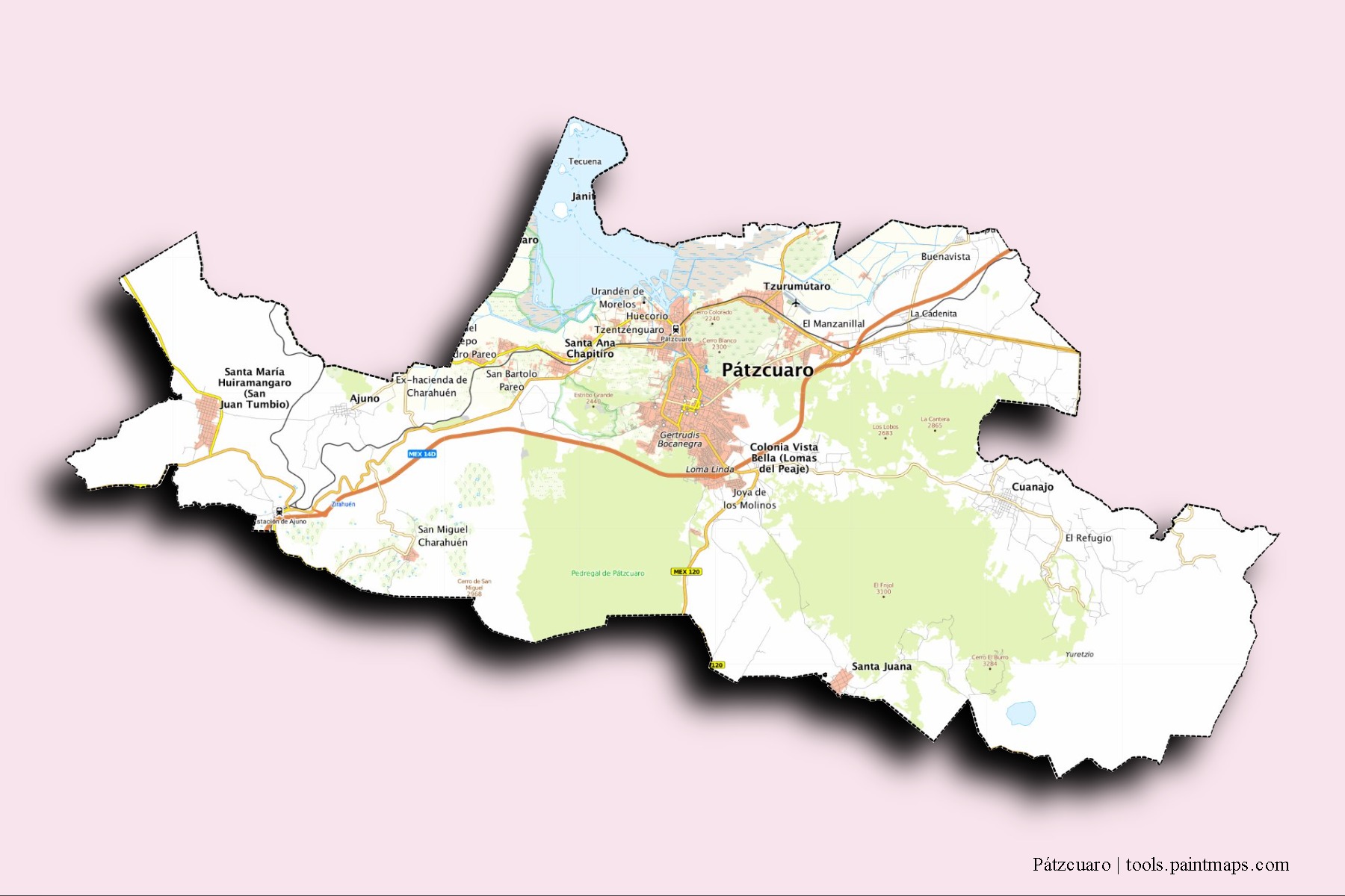 Pátzcuaro neighborhoods and villages map with 3D shadow effect