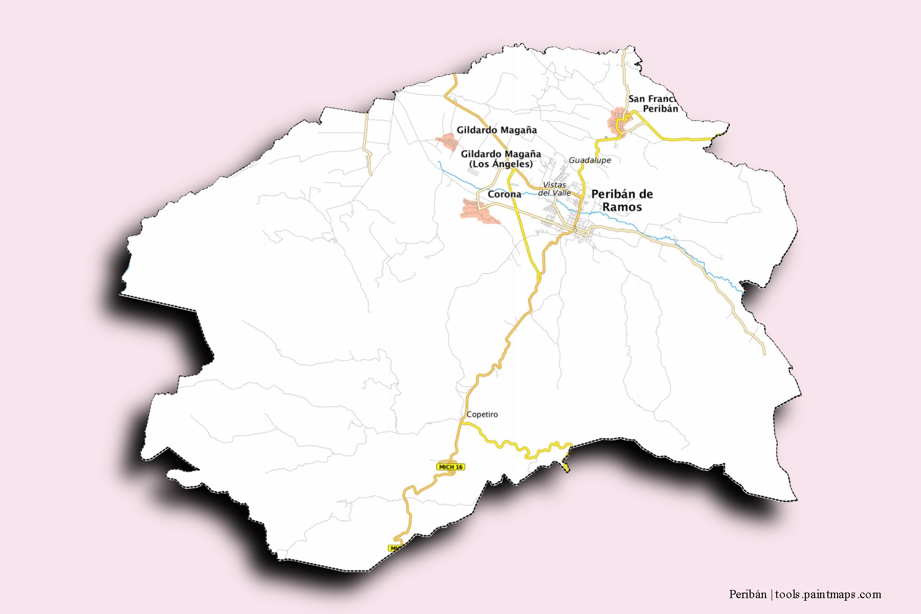 Mapa de barrios y pueblos de Peribán con efecto de sombra 3D