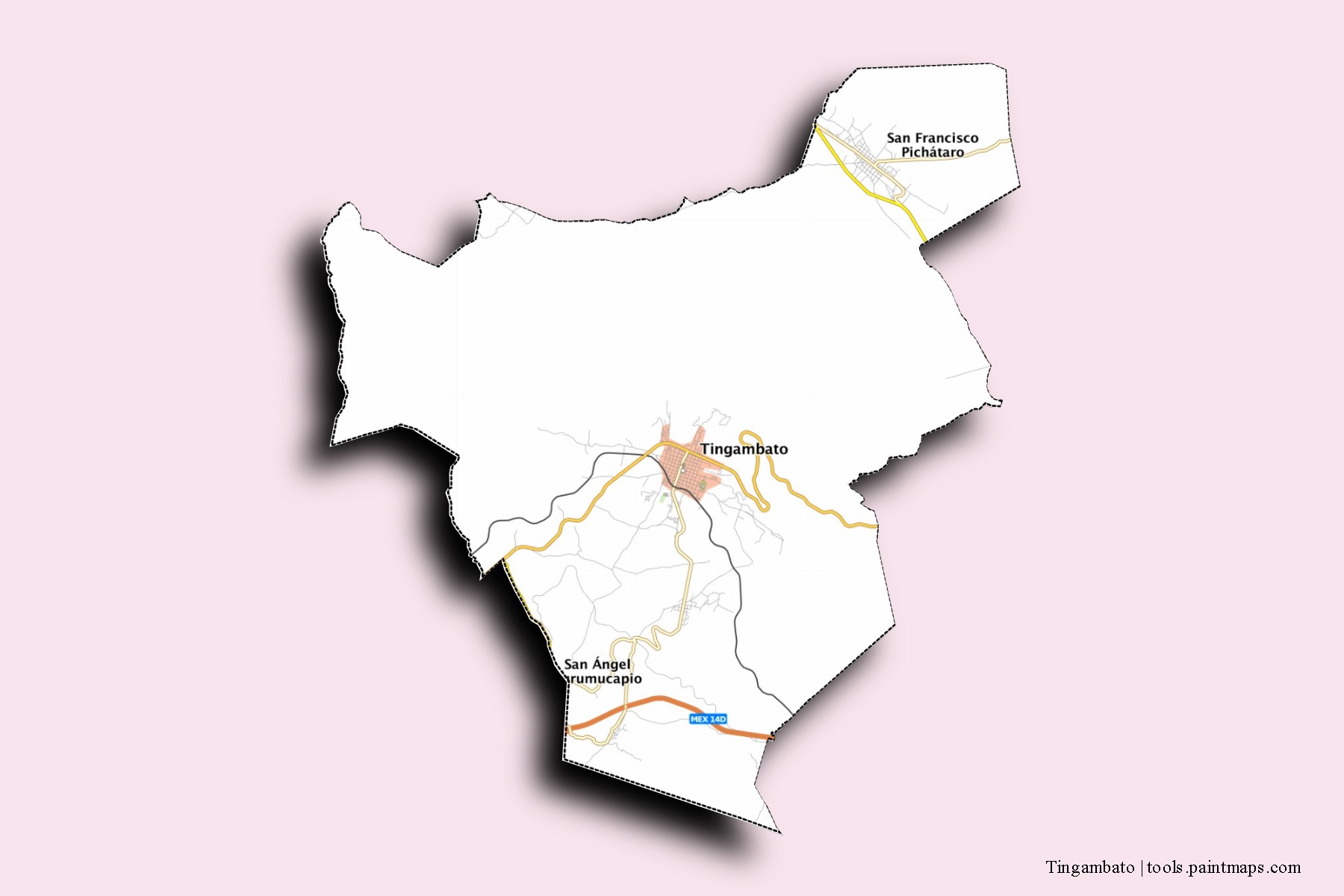 Mapa de barrios y pueblos de Tingambato con efecto de sombra 3D