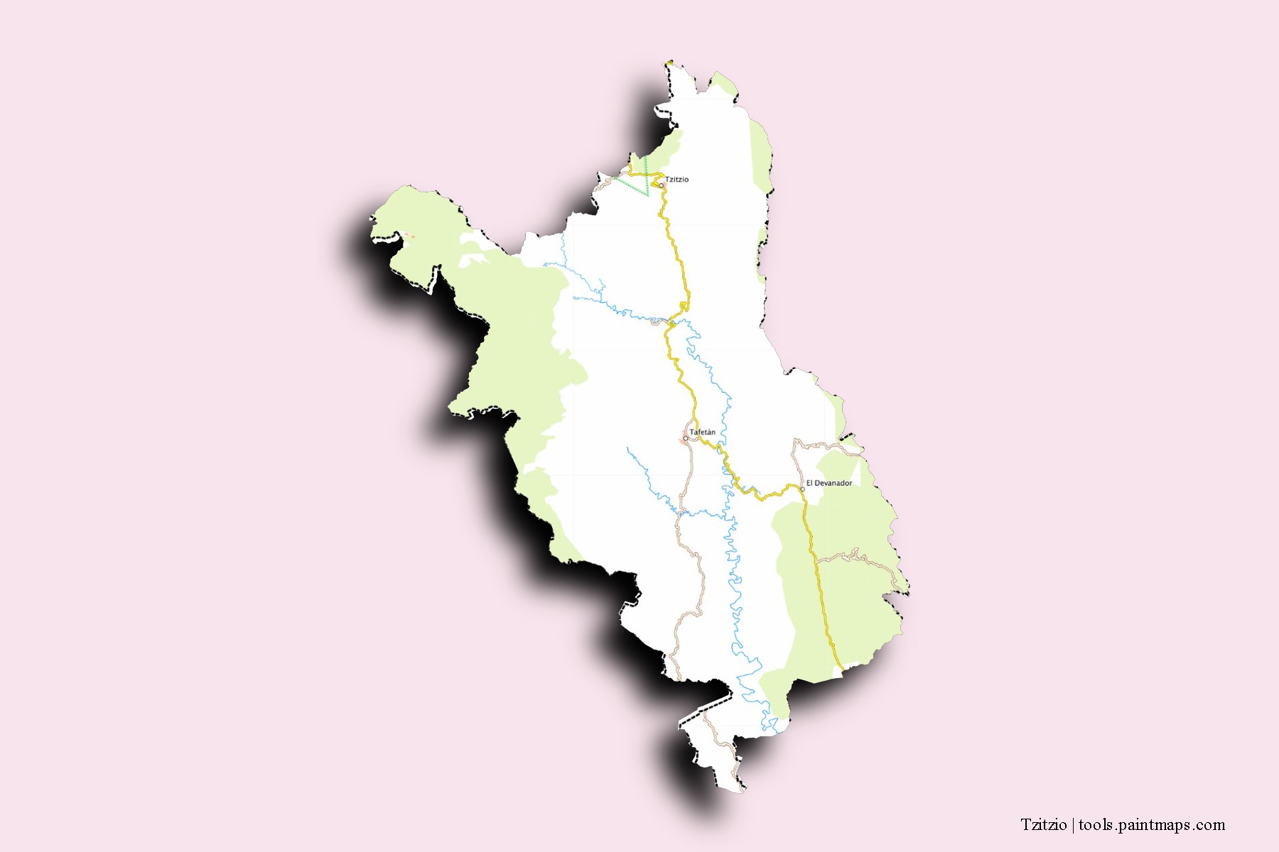 Mapa de barrios y pueblos de Tzitzio con efecto de sombra 3D