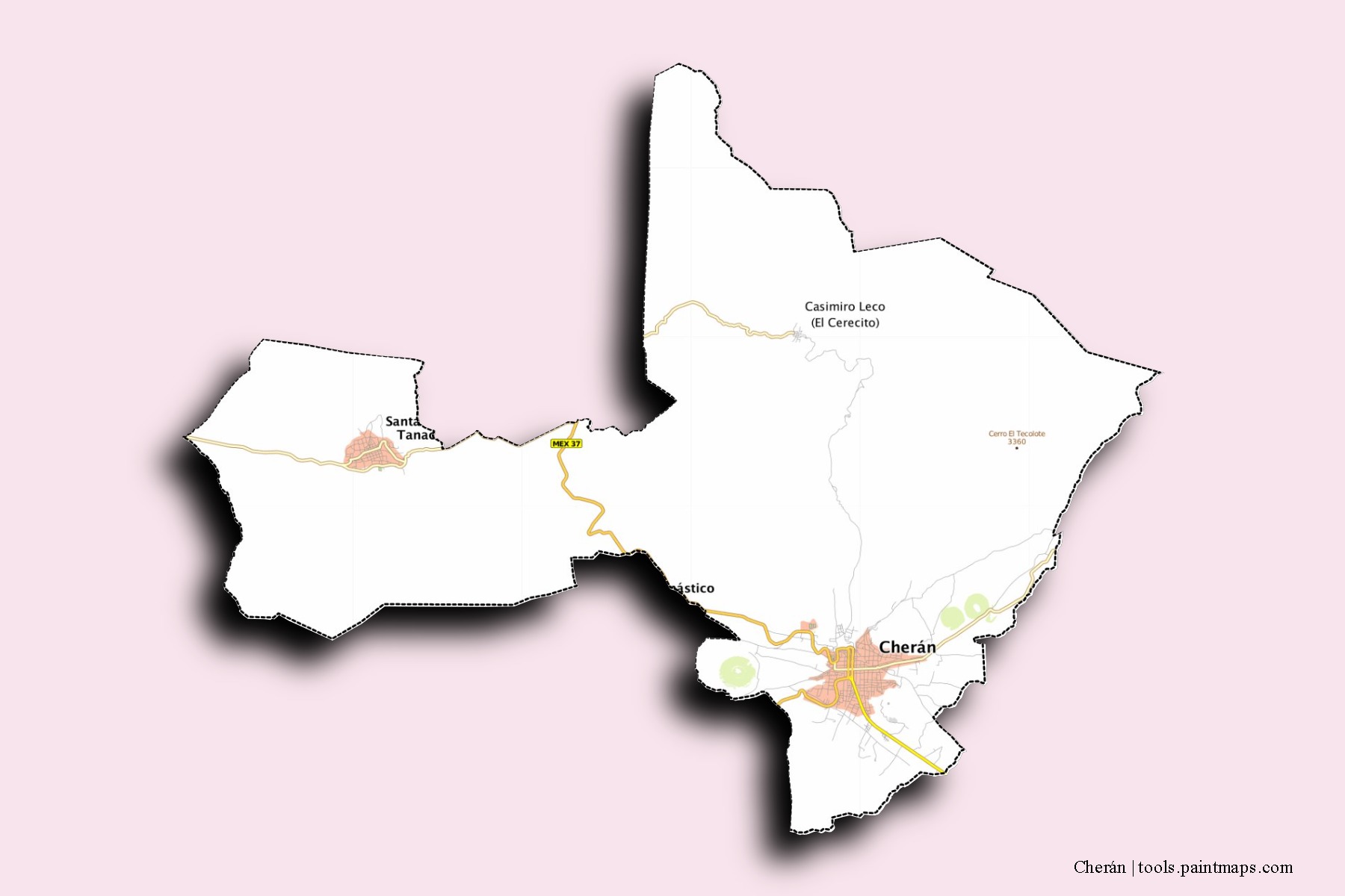 Mapa de barrios y pueblos de Cherán con efecto de sombra 3D