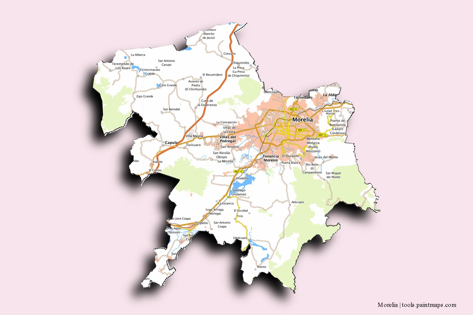 Morelia neighborhoods and villages map with 3D shadow effect