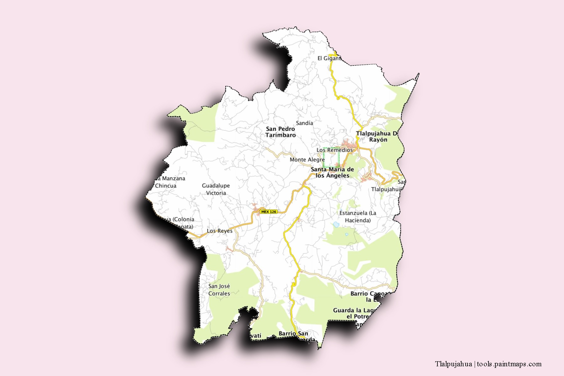 Mapa de barrios y pueblos de Tlalpujahua con efecto de sombra 3D