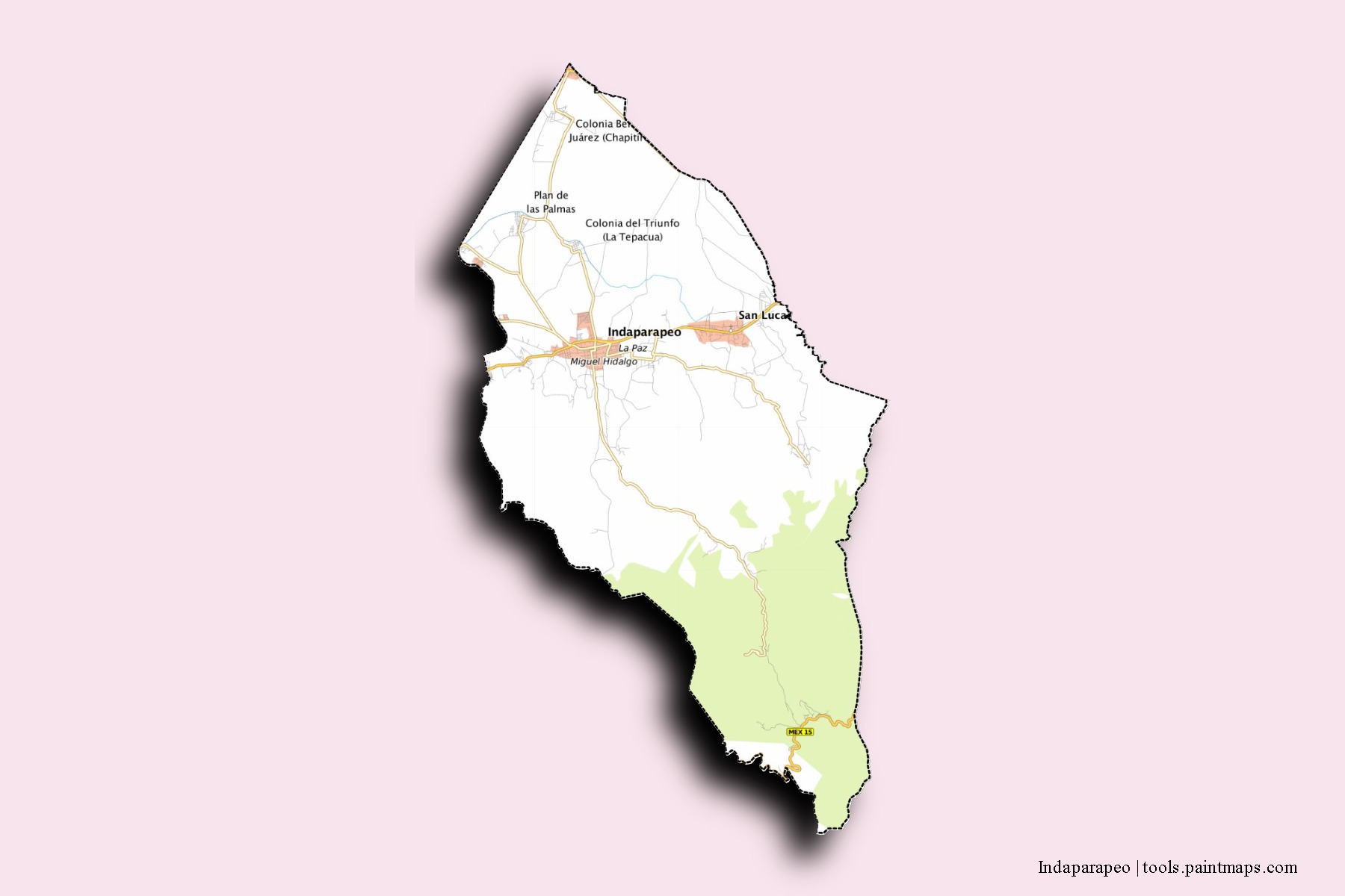 Indoparapeo neighborhoods and villages map with 3D shadow effect