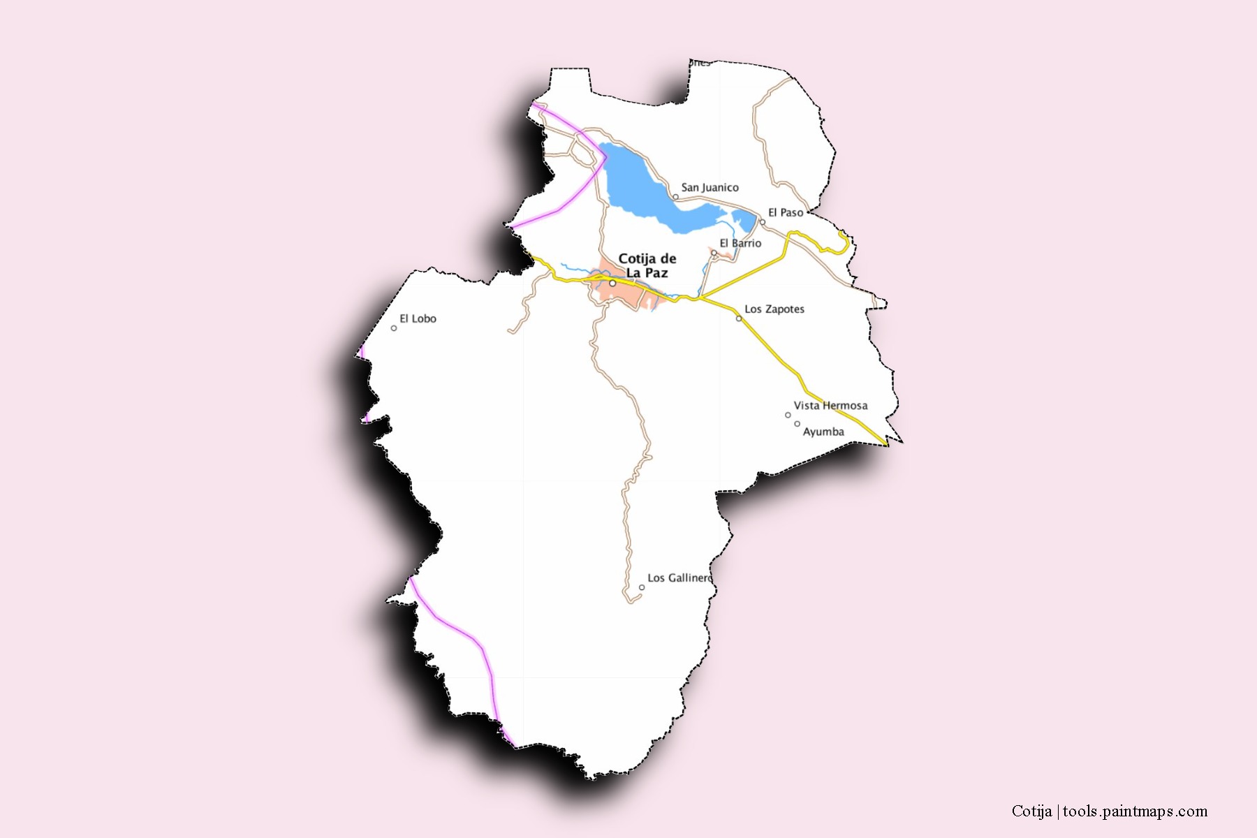 Mapa de barrios y pueblos de Cotija con efecto de sombra 3D