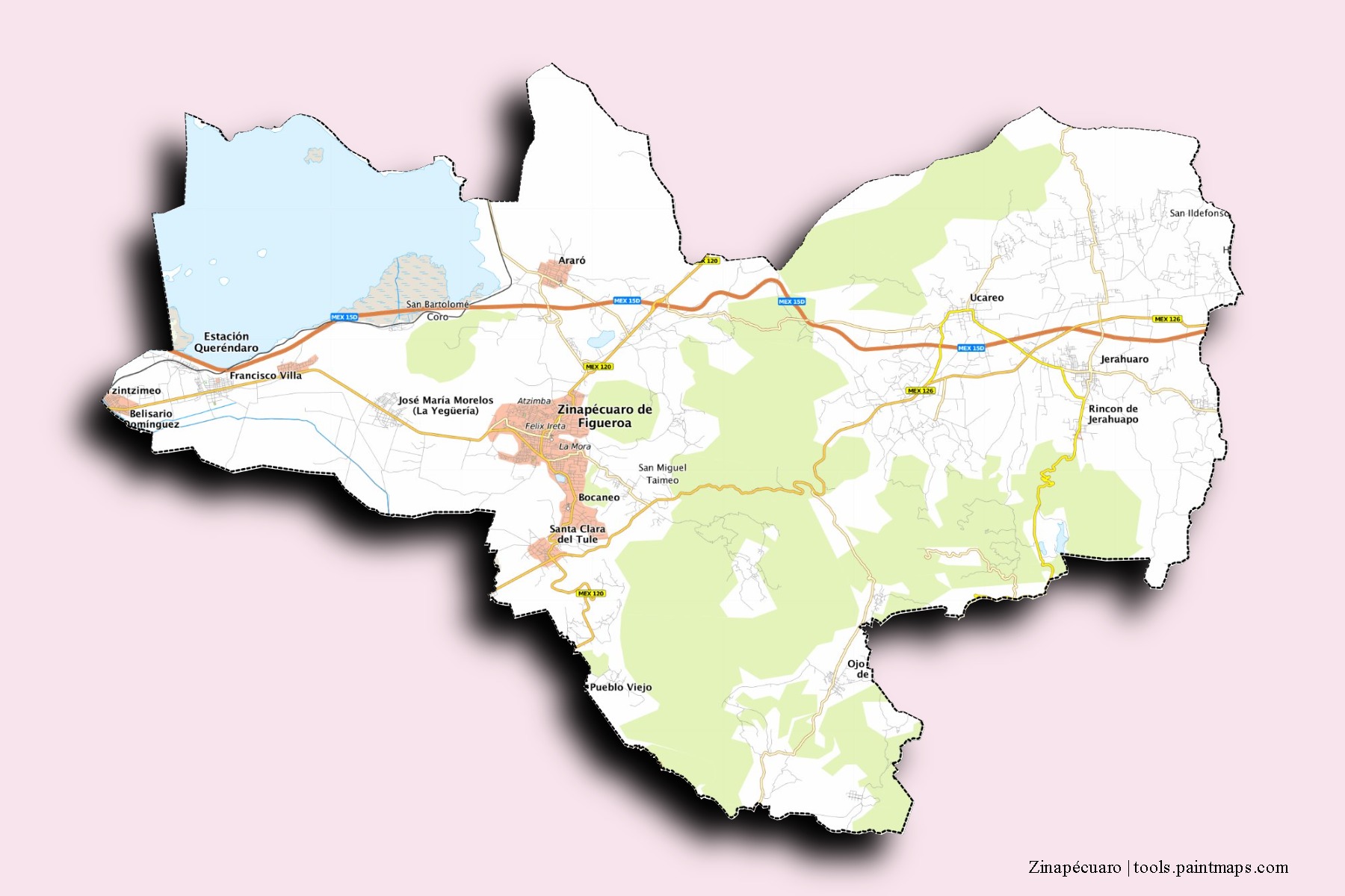 Mapa de barrios y pueblos de Zinapécuaro con efecto de sombra 3D