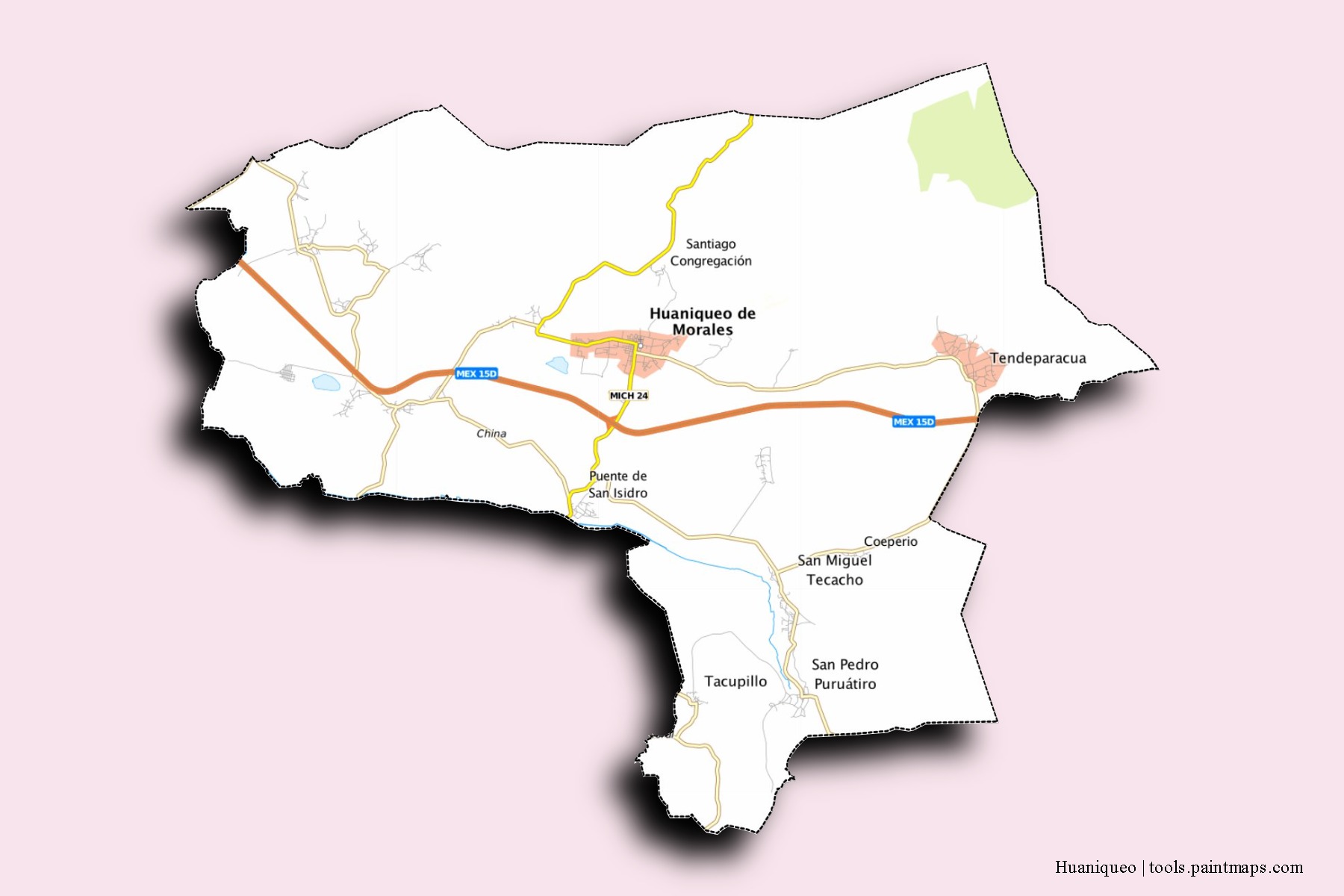 Mapa de barrios y pueblos de Huaniqueo con efecto de sombra 3D