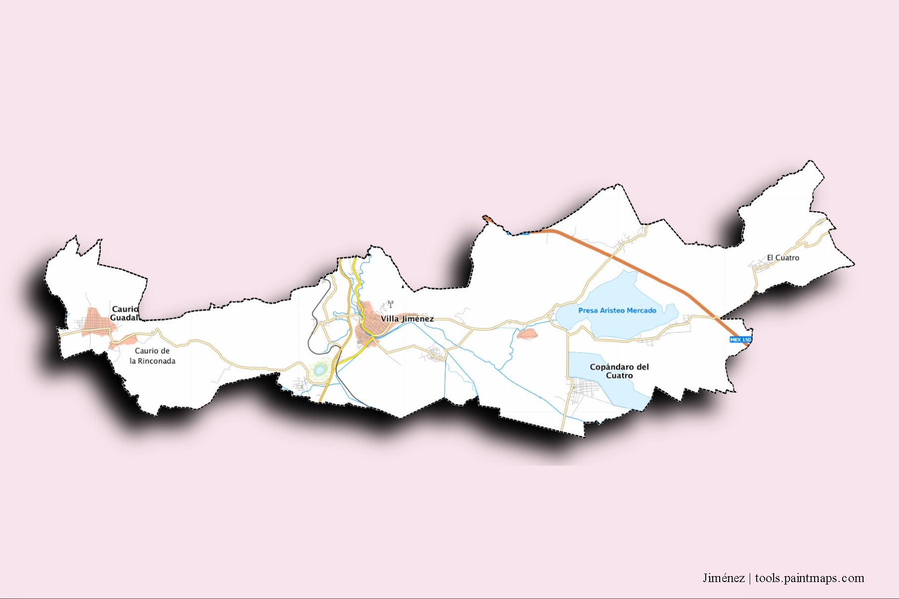 Mapa de barrios y pueblos de Jiménez con efecto de sombra 3D