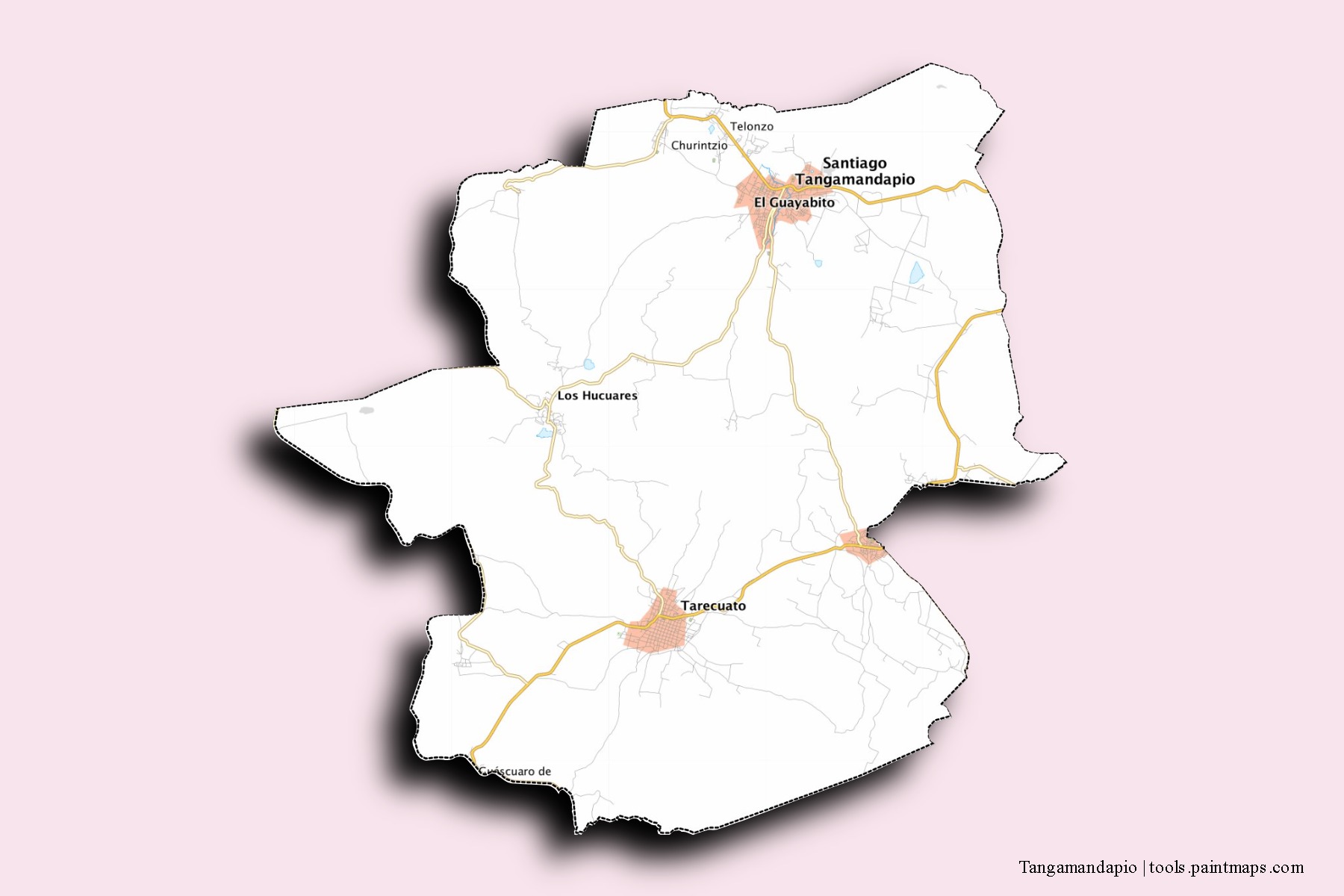 Mapa de barrios y pueblos de Tangamandapio con efecto de sombra 3D