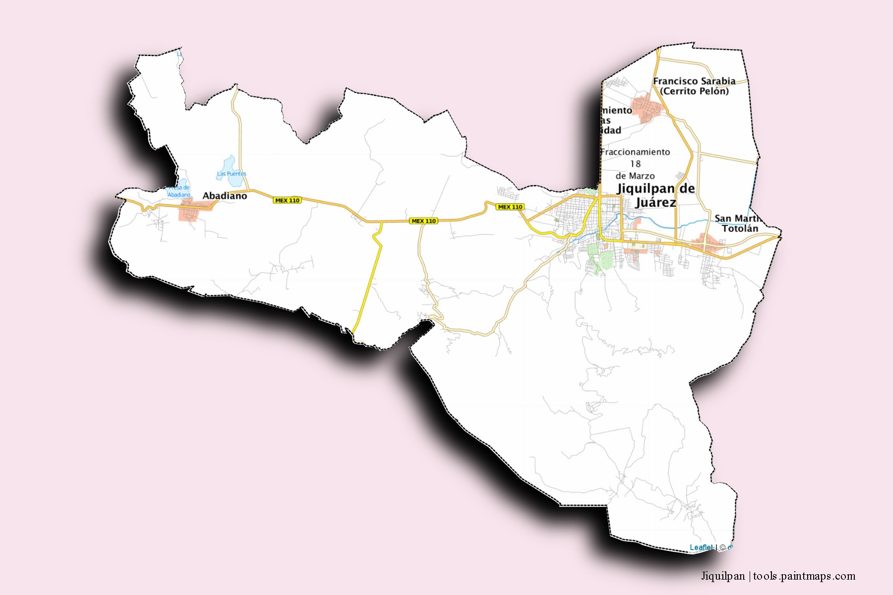 Jiquilpan neighborhoods and villages map with 3D shadow effect