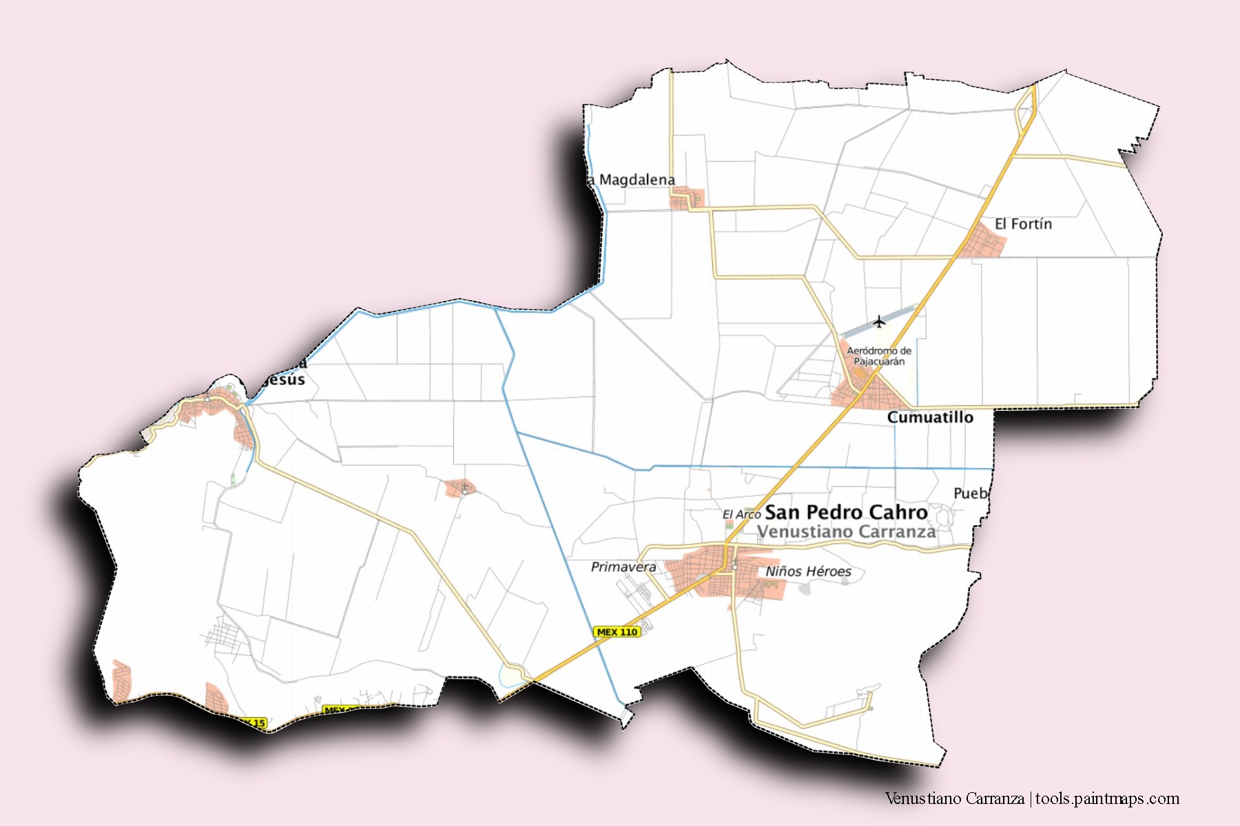 Venustiano Carranza neighborhoods and villages map with 3D shadow effect