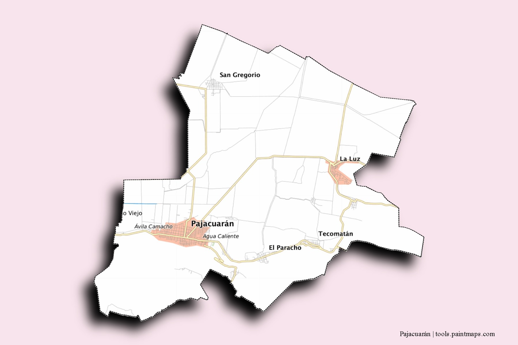 Mapa de barrios y pueblos de Pajacuarán con efecto de sombra 3D