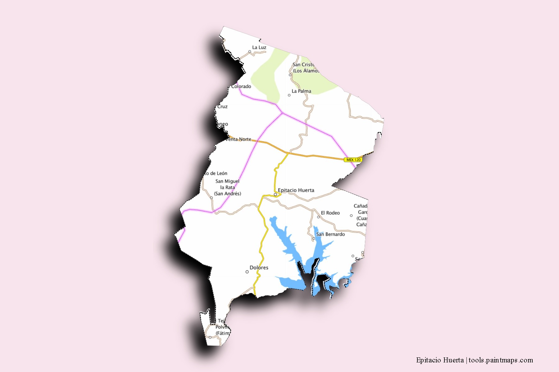 Mapa de barrios y pueblos de Epitacio Huerta con efecto de sombra 3D