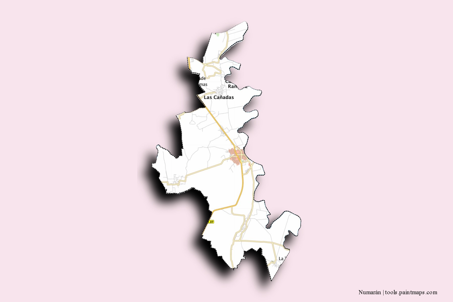 Numarán neighborhoods and villages map with 3D shadow effect