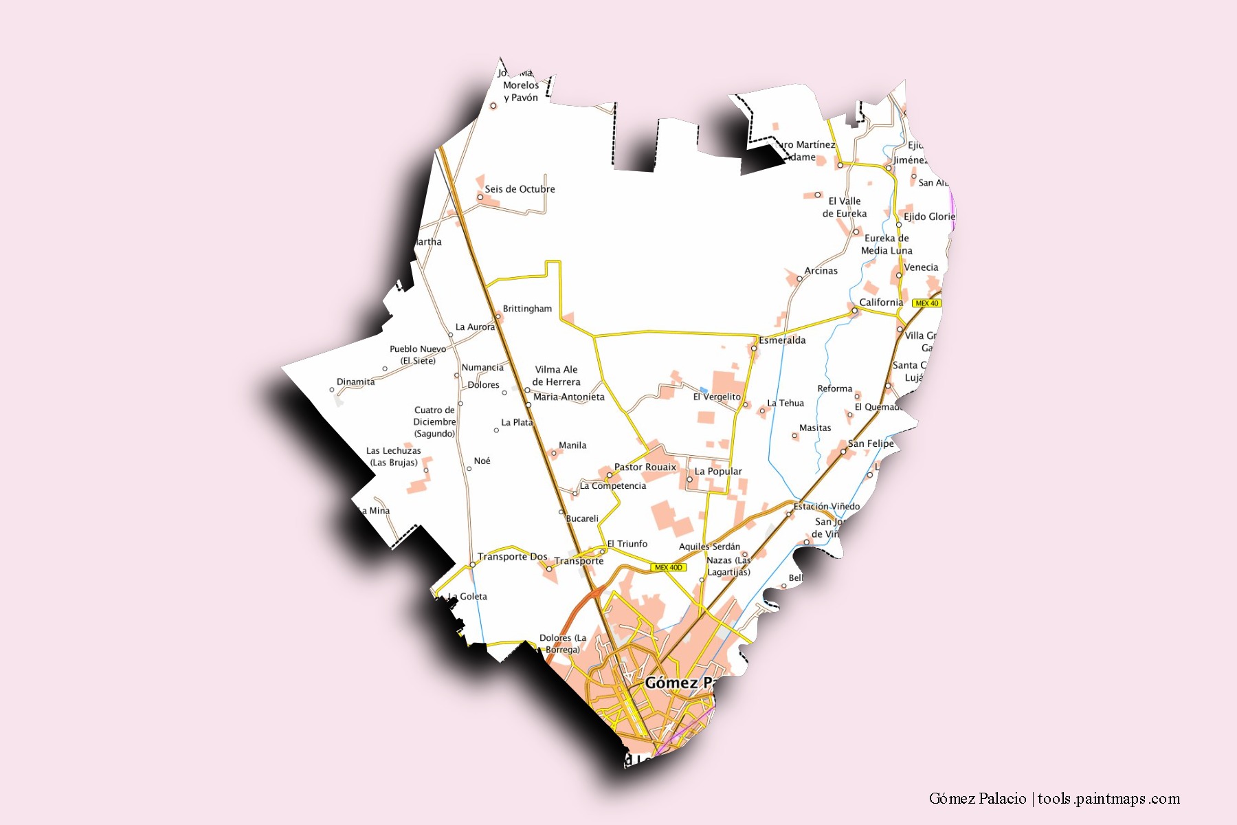 Mapa de barrios y pueblos de Gómez Palacio con efecto de sombra 3D