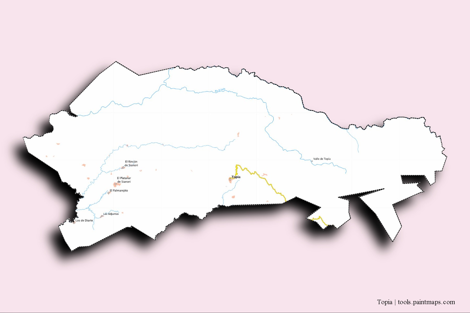 Mapa de barrios y pueblos de Topia con efecto de sombra 3D