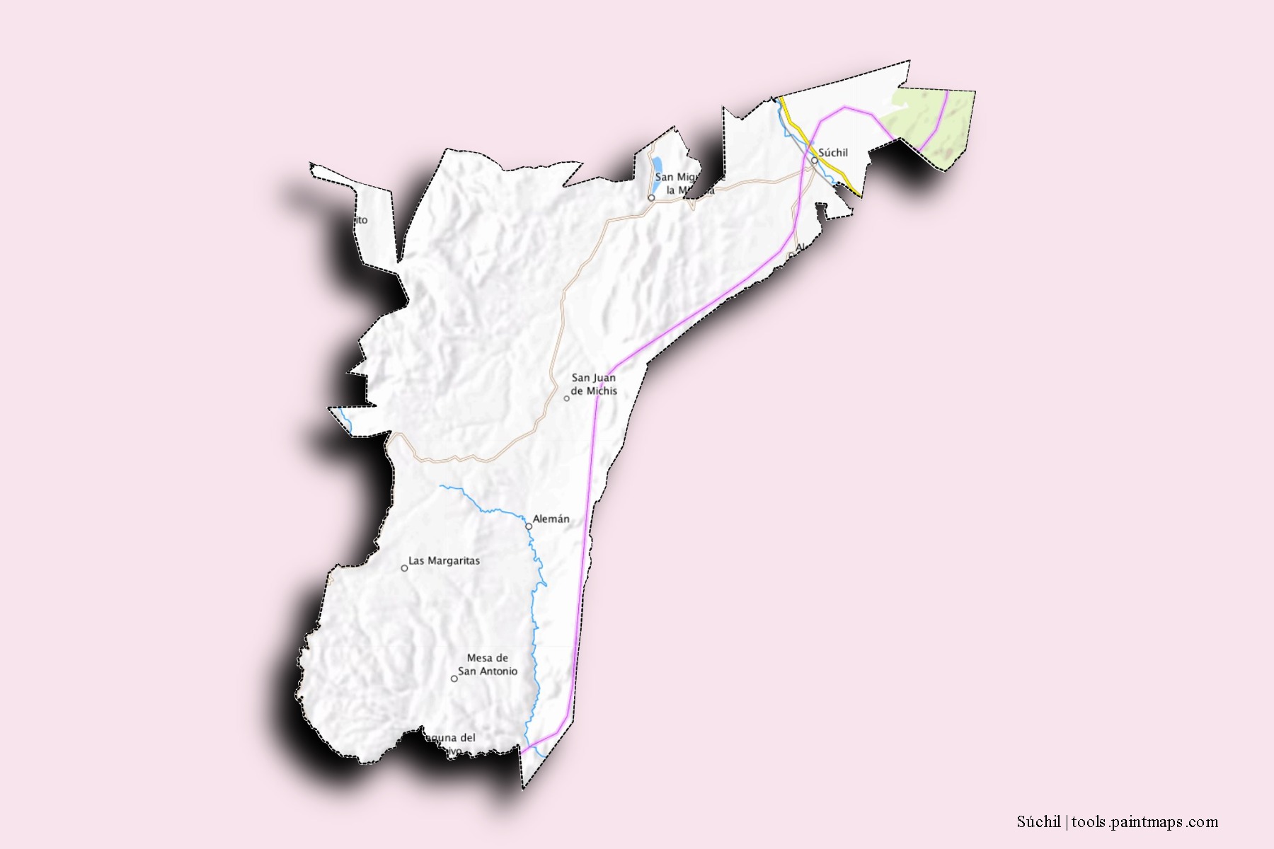 Súchil neighborhoods and villages map with 3D shadow effect