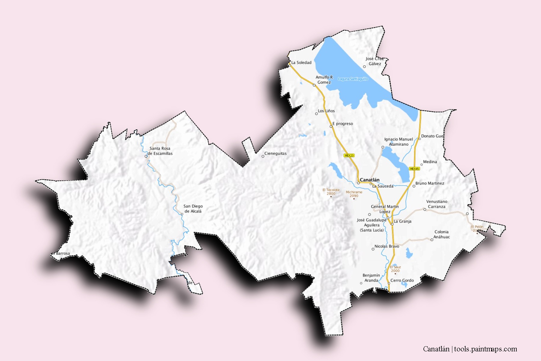 Canatlán neighborhoods and villages map with 3D shadow effect