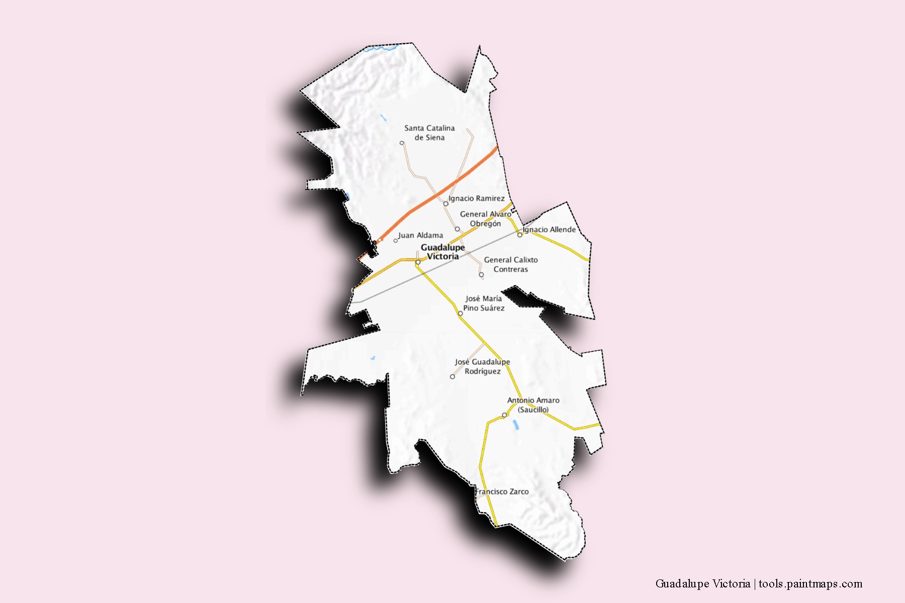 Mapa de barrios y pueblos de Guadalupe Victoria con efecto de sombra 3D