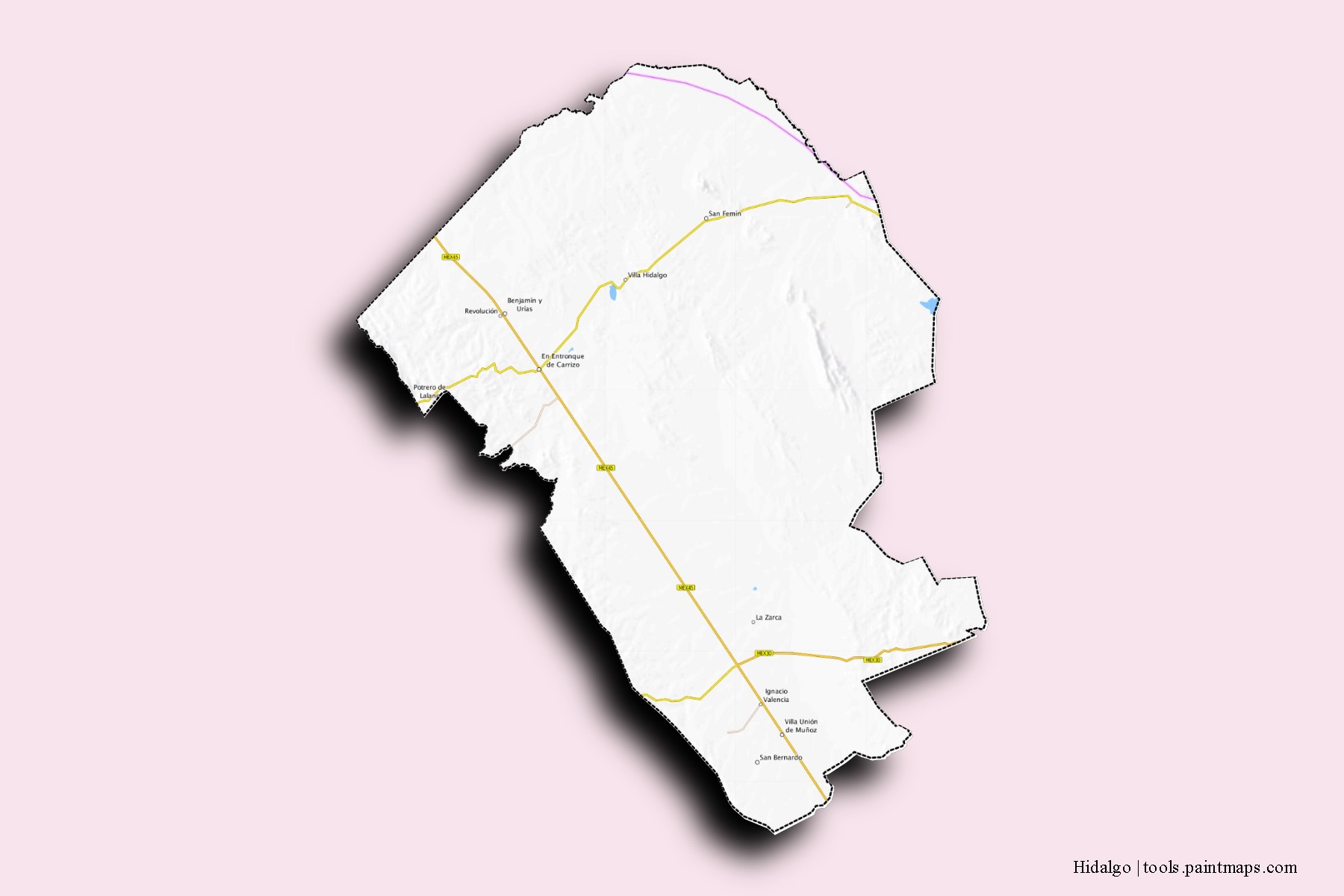 Mapa de barrios y pueblos de Hidalgo con efecto de sombra 3D