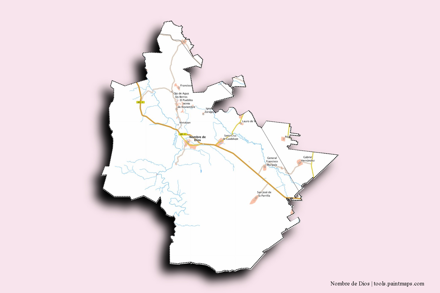 Mapa de barrios y pueblos de Nombre de Dios con efecto de sombra 3D