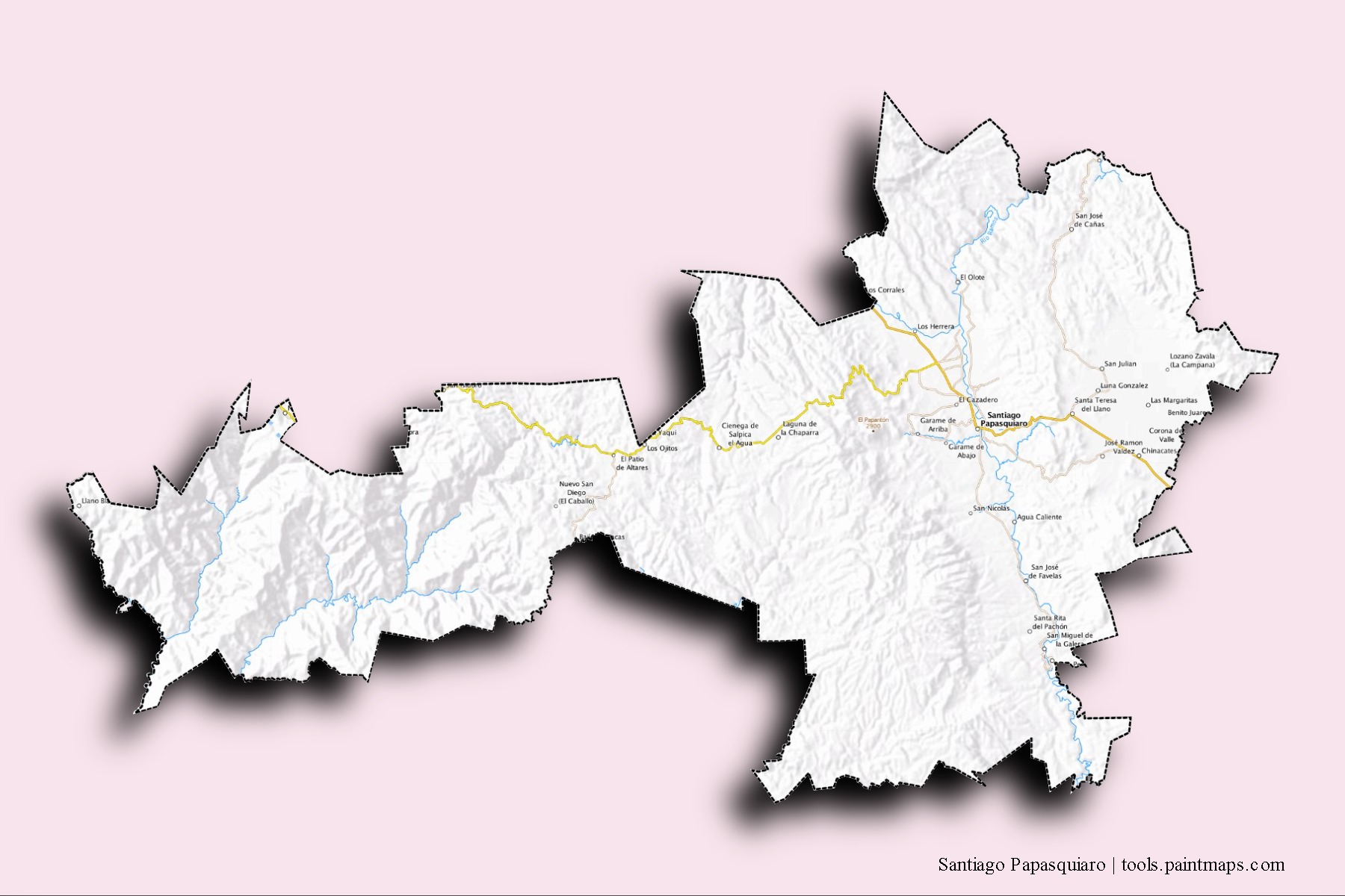 3D gölge efektli Santiago Papasquiaro mahalleleri ve köyleri haritası
