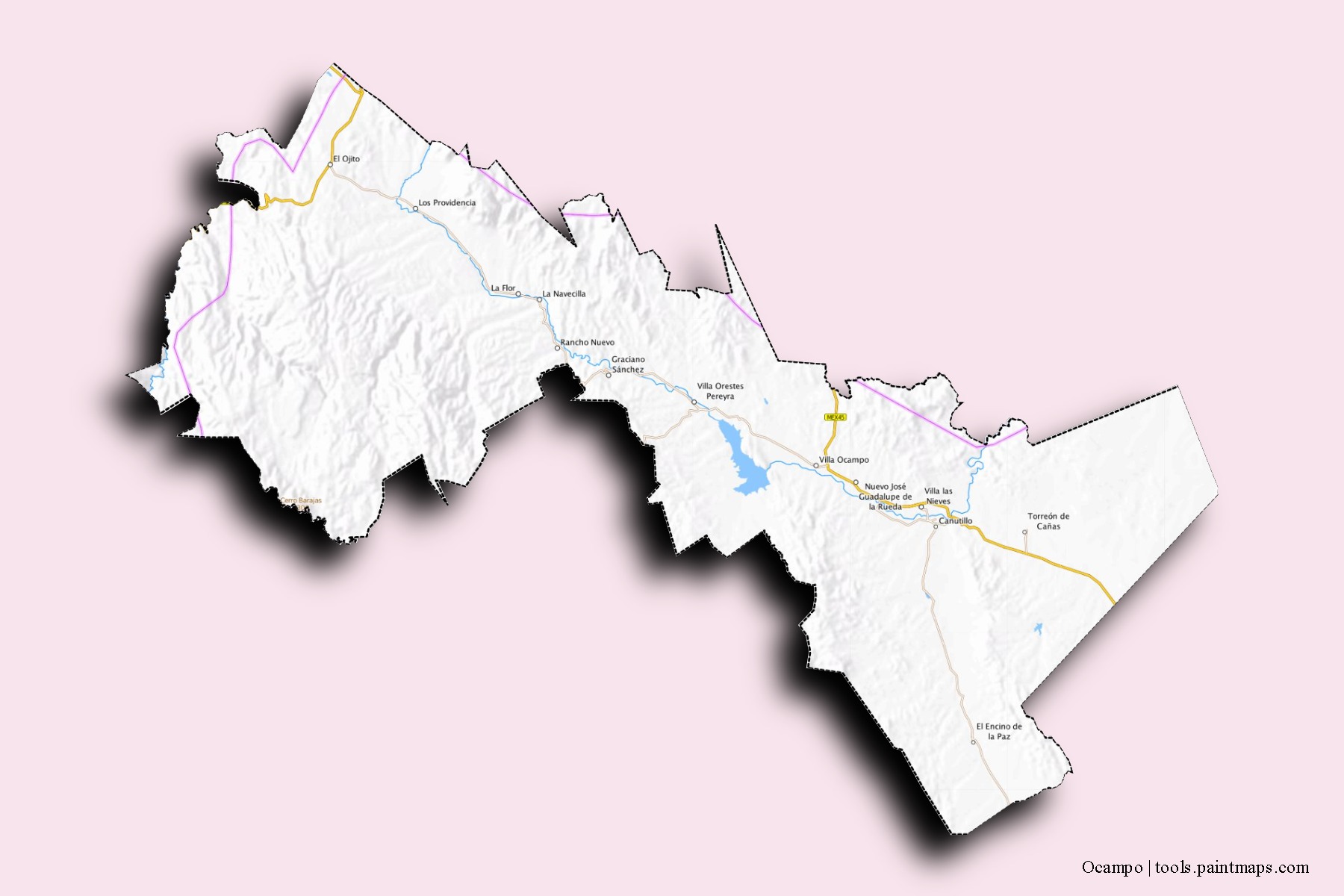 Mapa de barrios y pueblos de Ocampo con efecto de sombra 3D