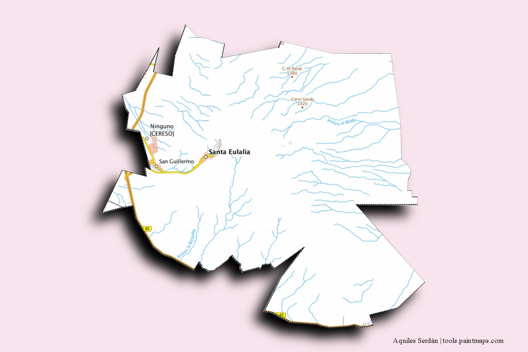 Aquiles Serdán neighborhoods and villages map with 3D shadow effect