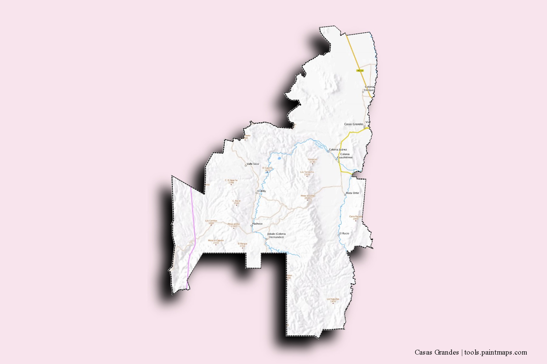 Casas Grandes neighborhoods and villages map with 3D shadow effect