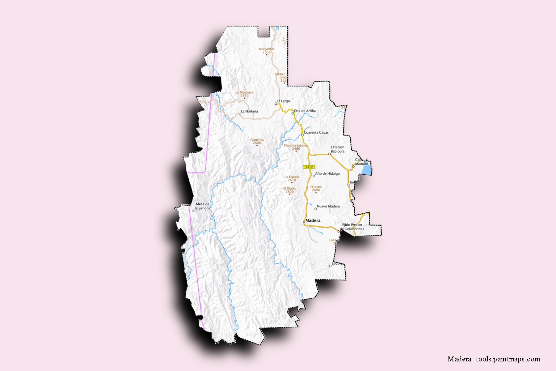 Madera neighborhoods and villages map with 3D shadow effect