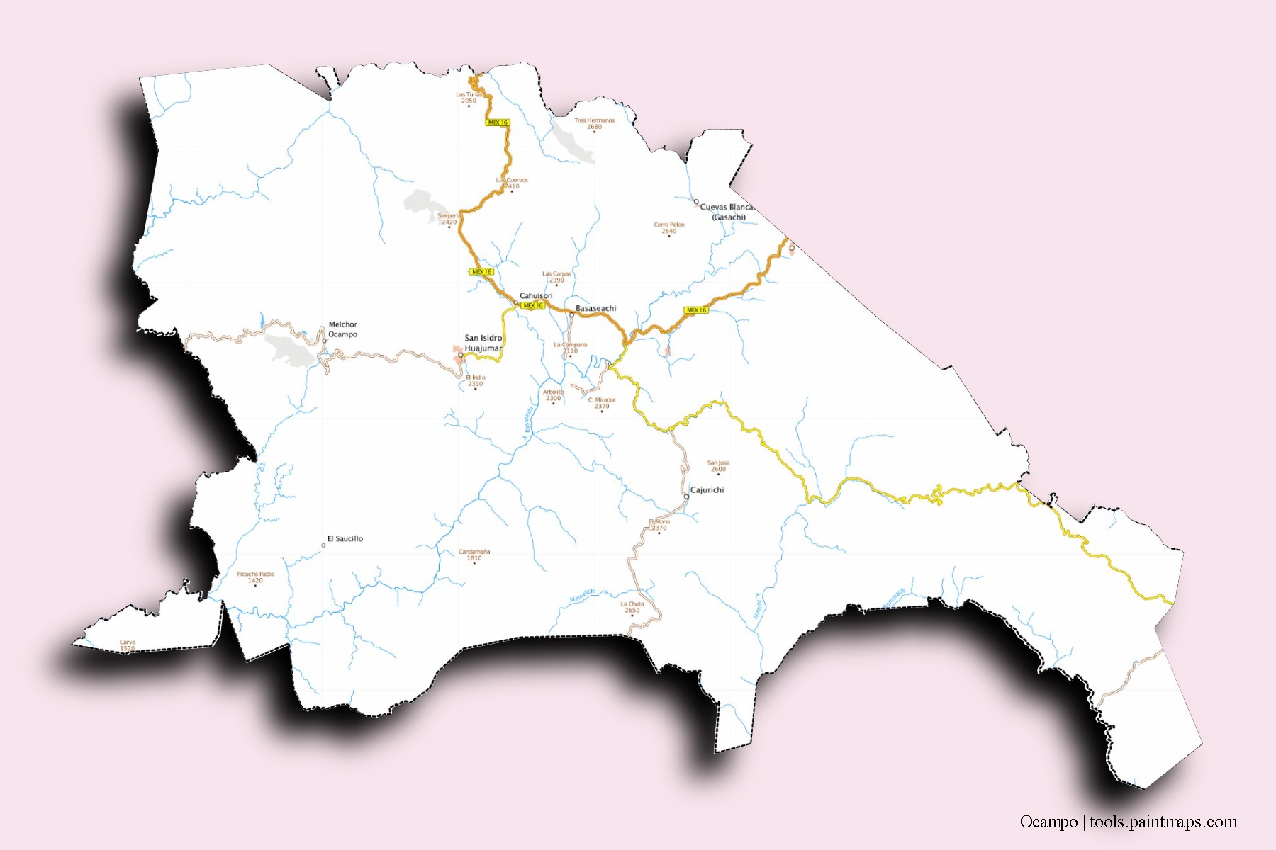 Ocampo neighborhoods and villages map with 3D shadow effect