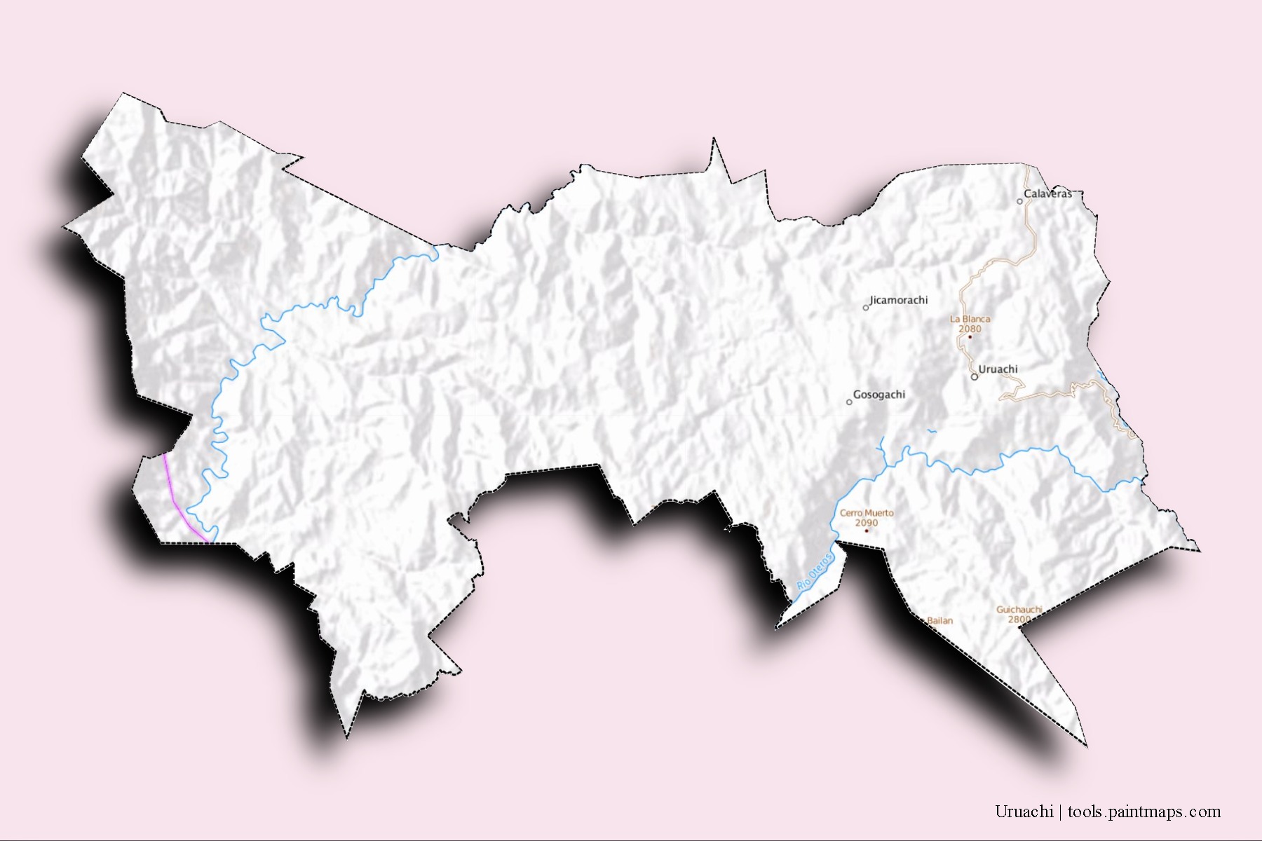 Mapa de barrios y pueblos de Uruachi con efecto de sombra 3D