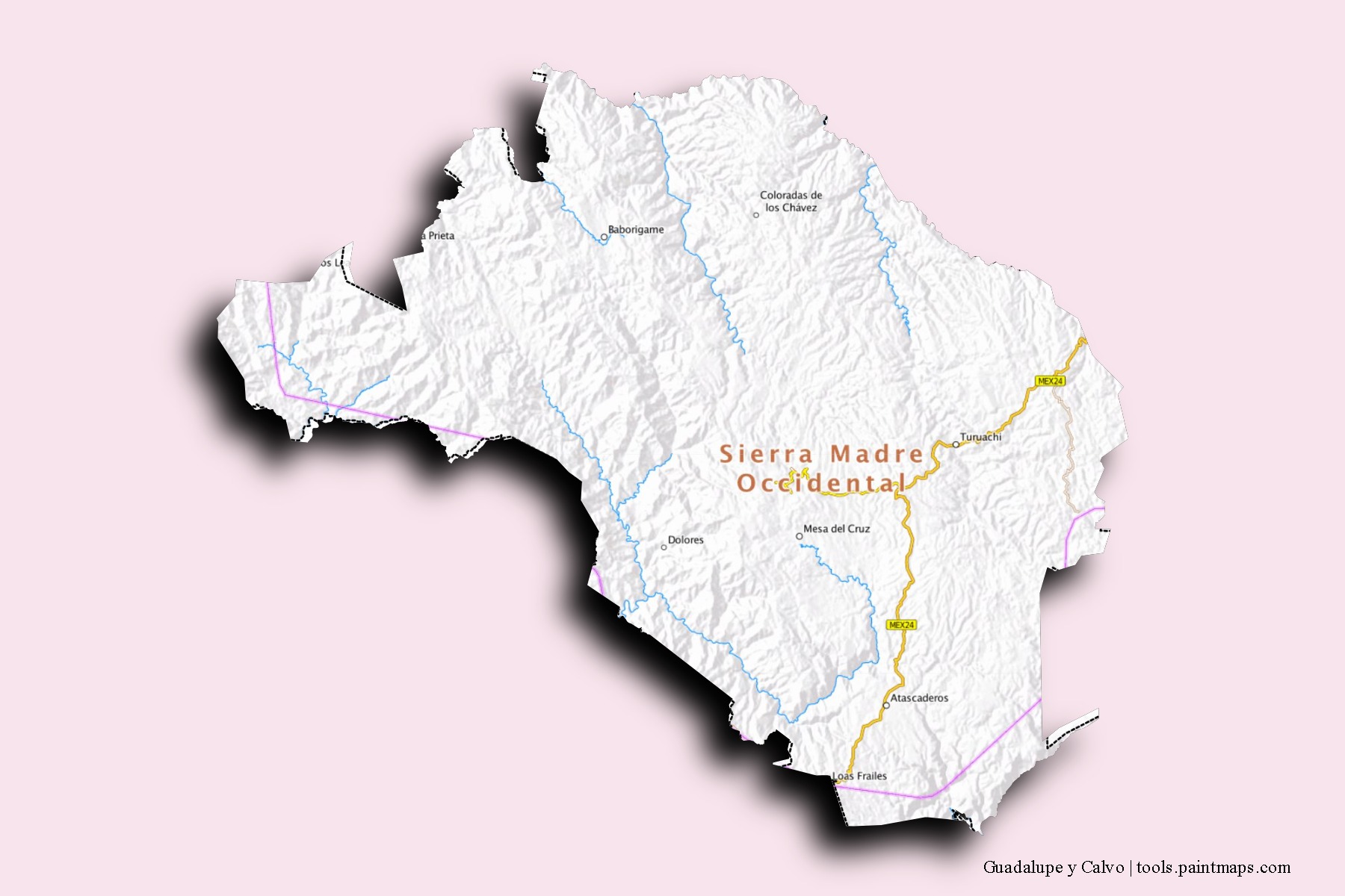 Mapa de barrios y pueblos de Guadalupe y Calvo con efecto de sombra 3D