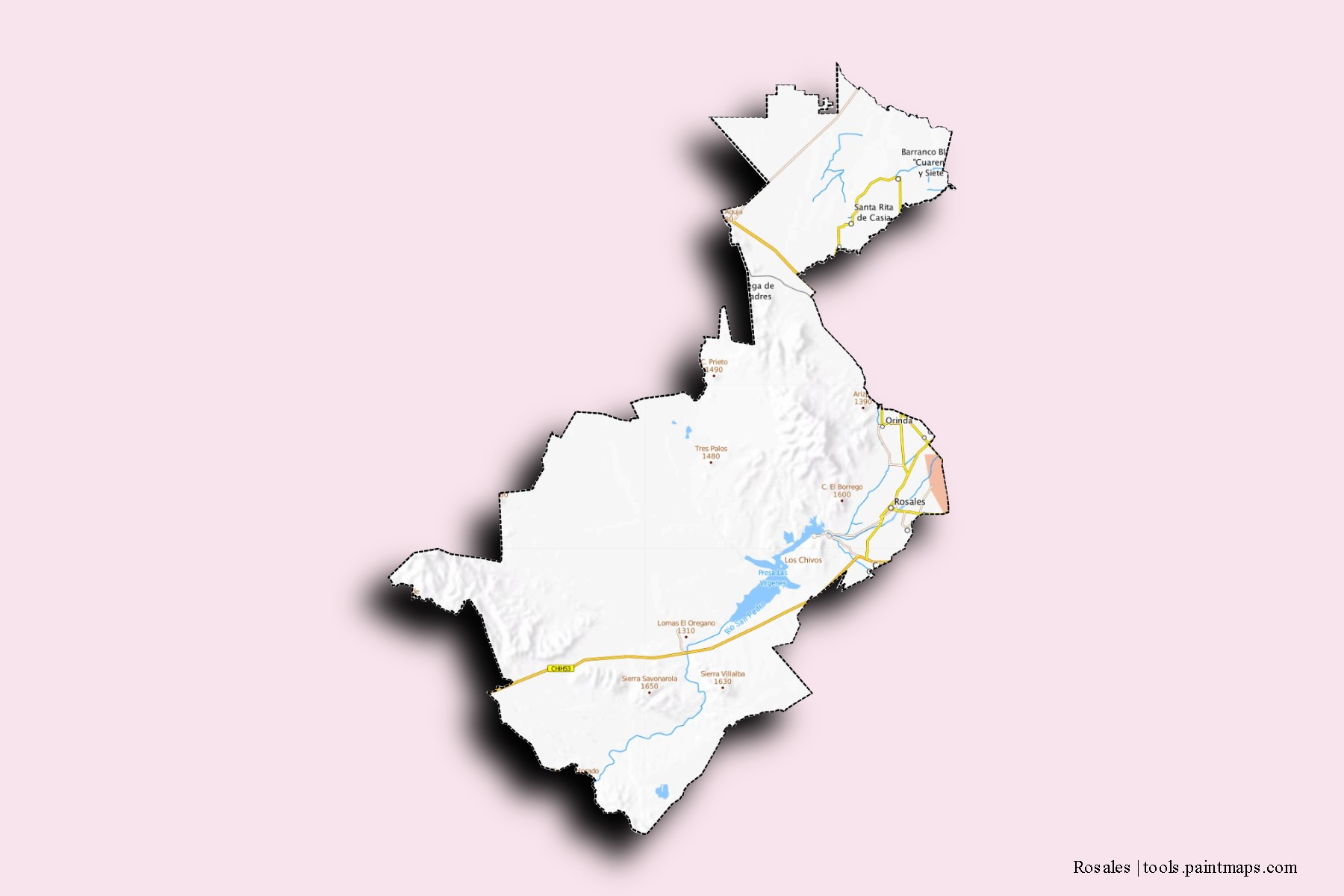 Rosales neighborhoods and villages map with 3D shadow effect