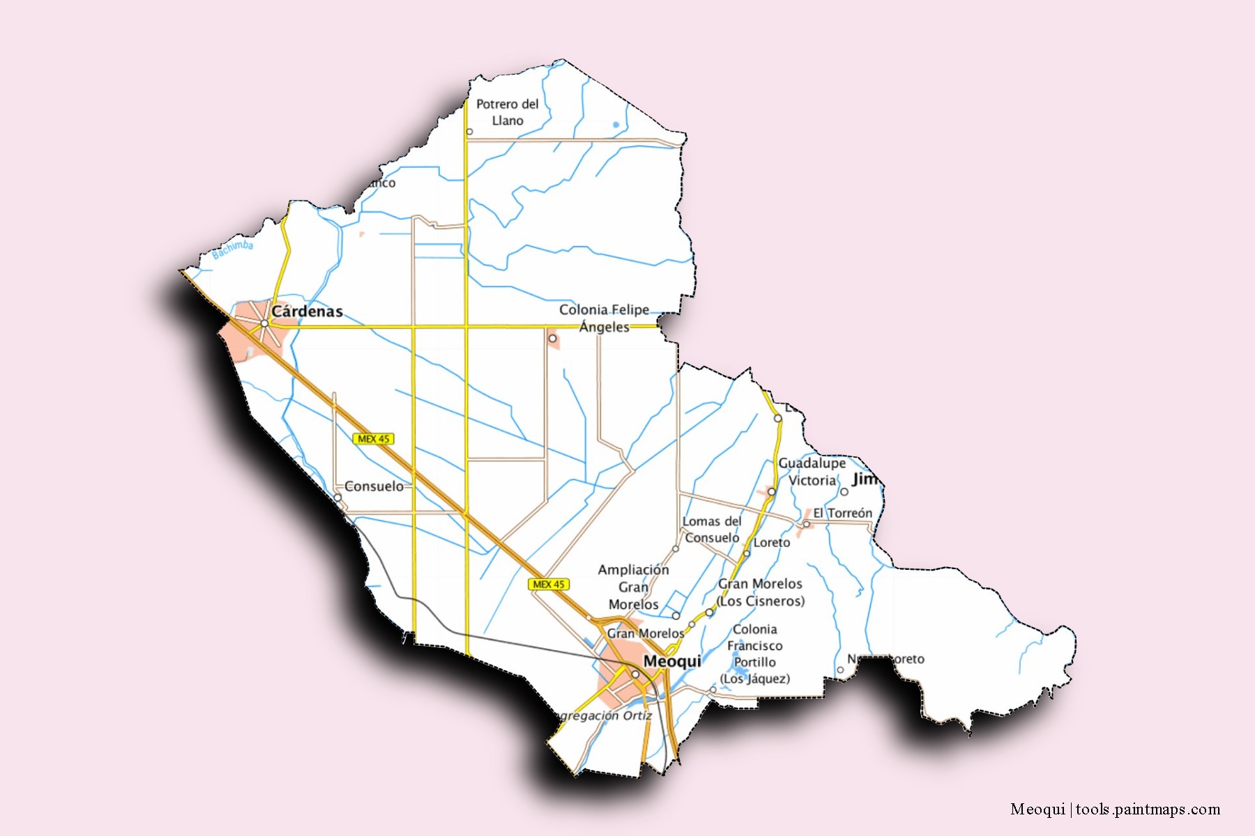 Meoqui neighborhoods and villages map with 3D shadow effect