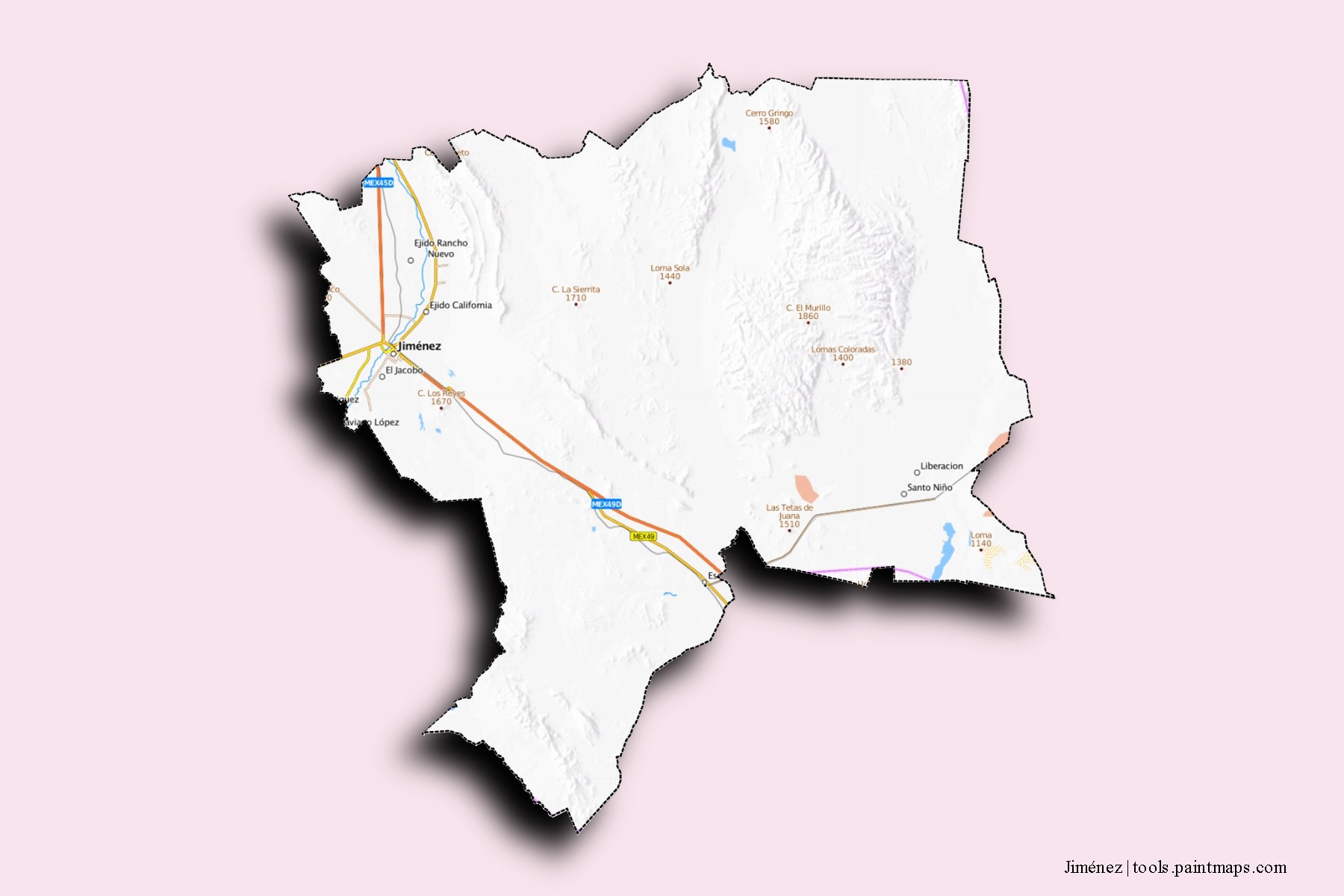 Mapa de barrios y pueblos de Jiménez con efecto de sombra 3D