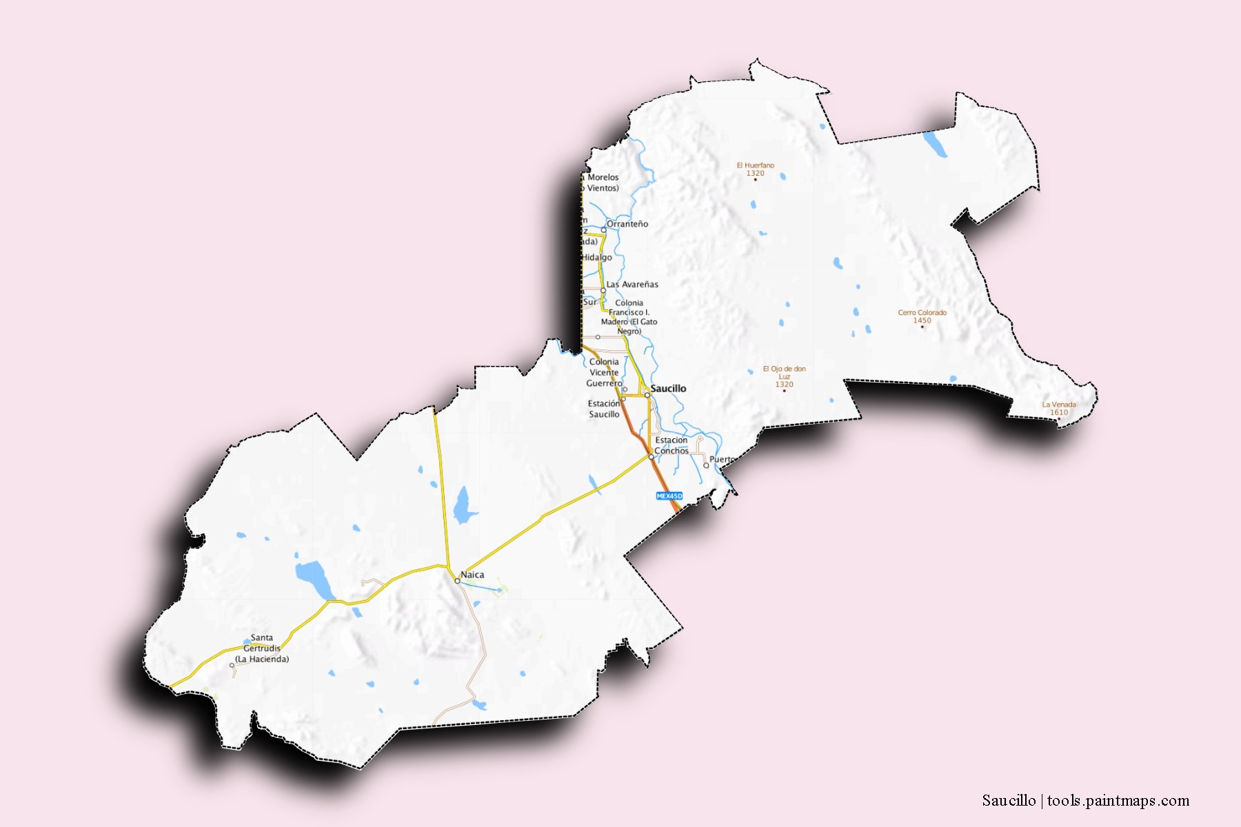 Saucillo neighborhoods and villages map with 3D shadow effect